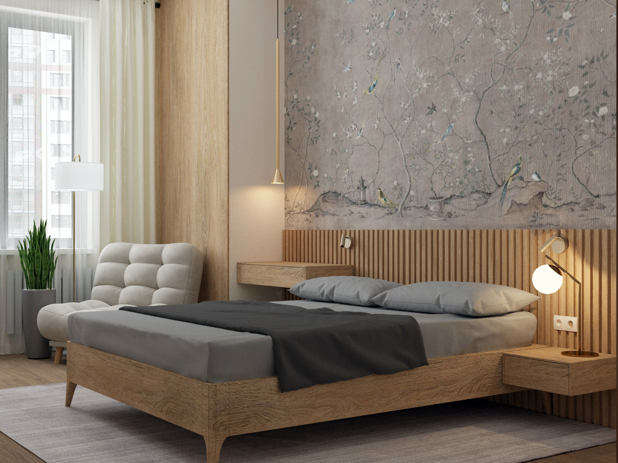 дизайн спальни, фреска за изголовьем кровати