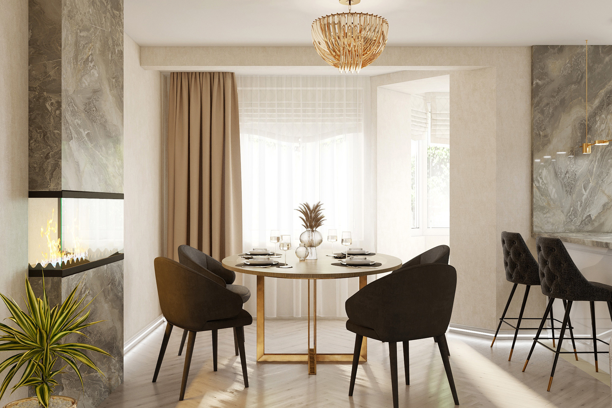 гостиная современная классика, двухсторонний электрокамин