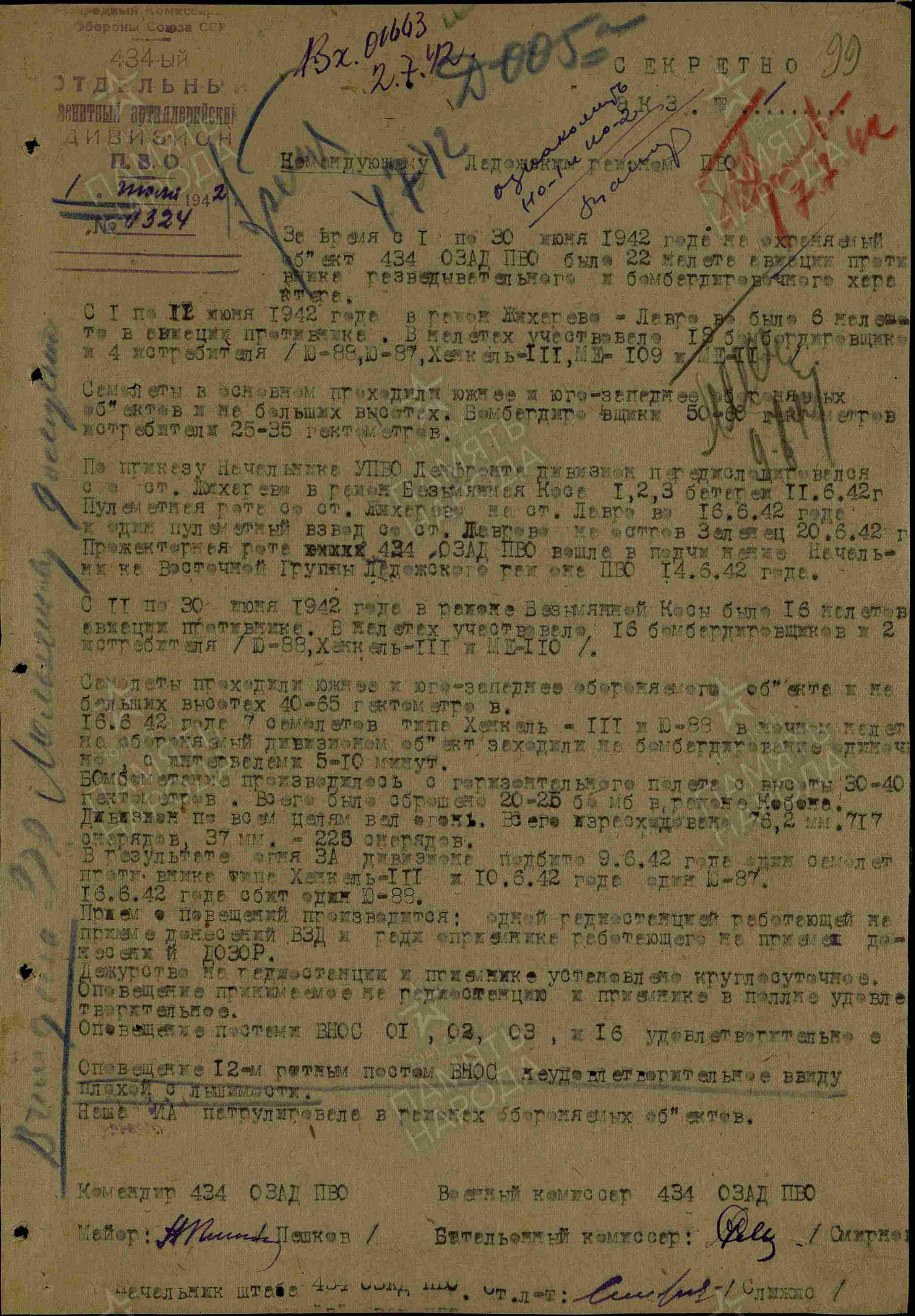 Отчёт о боевых действиях 434 озадн ПВО с 01 по 30 июня 1942 г. История Назиевского городского поселения