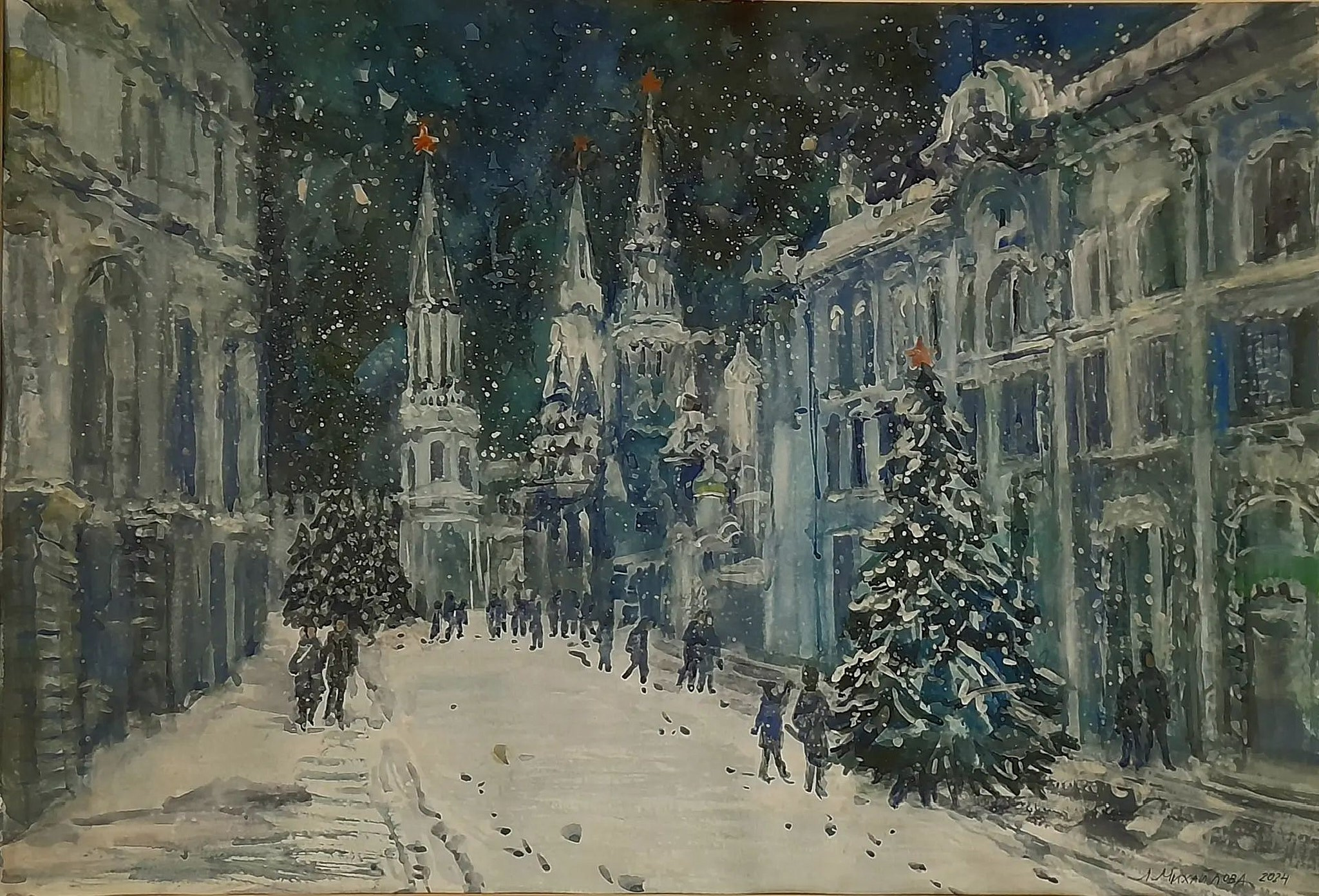 Любовь Михайлова "Зима на Никольской" 50×70 см, бумага, акварель, 2023 г., 26 000 руб.
