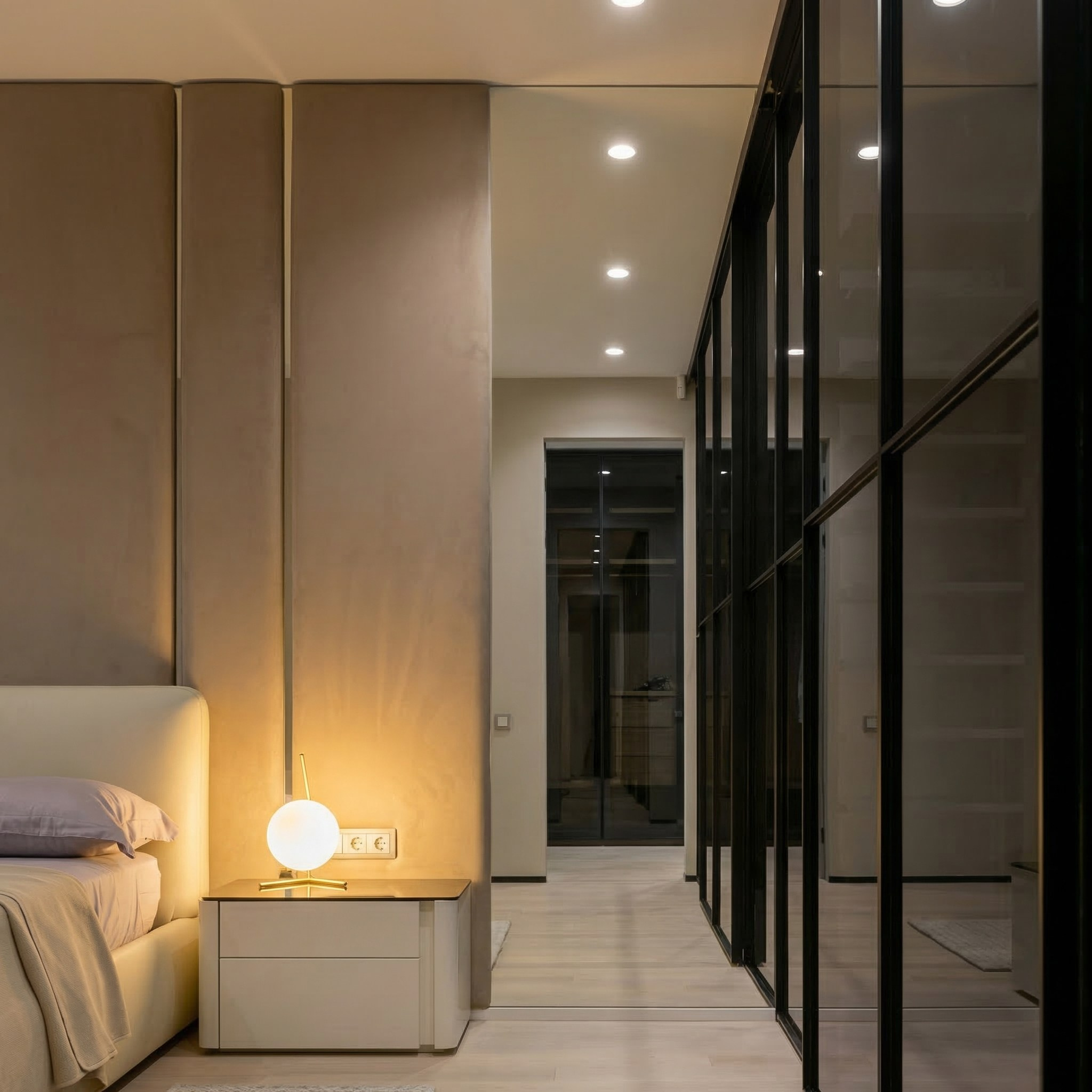 Вид из спальни на гардеробную Raumplus в реализованном интерьере: стеклянные перегородки в черном профиле, мягкие стеновые панели, дизайнерская прикроватная тумба и сценарий вечернего освещения. Проект Валерии Котович.