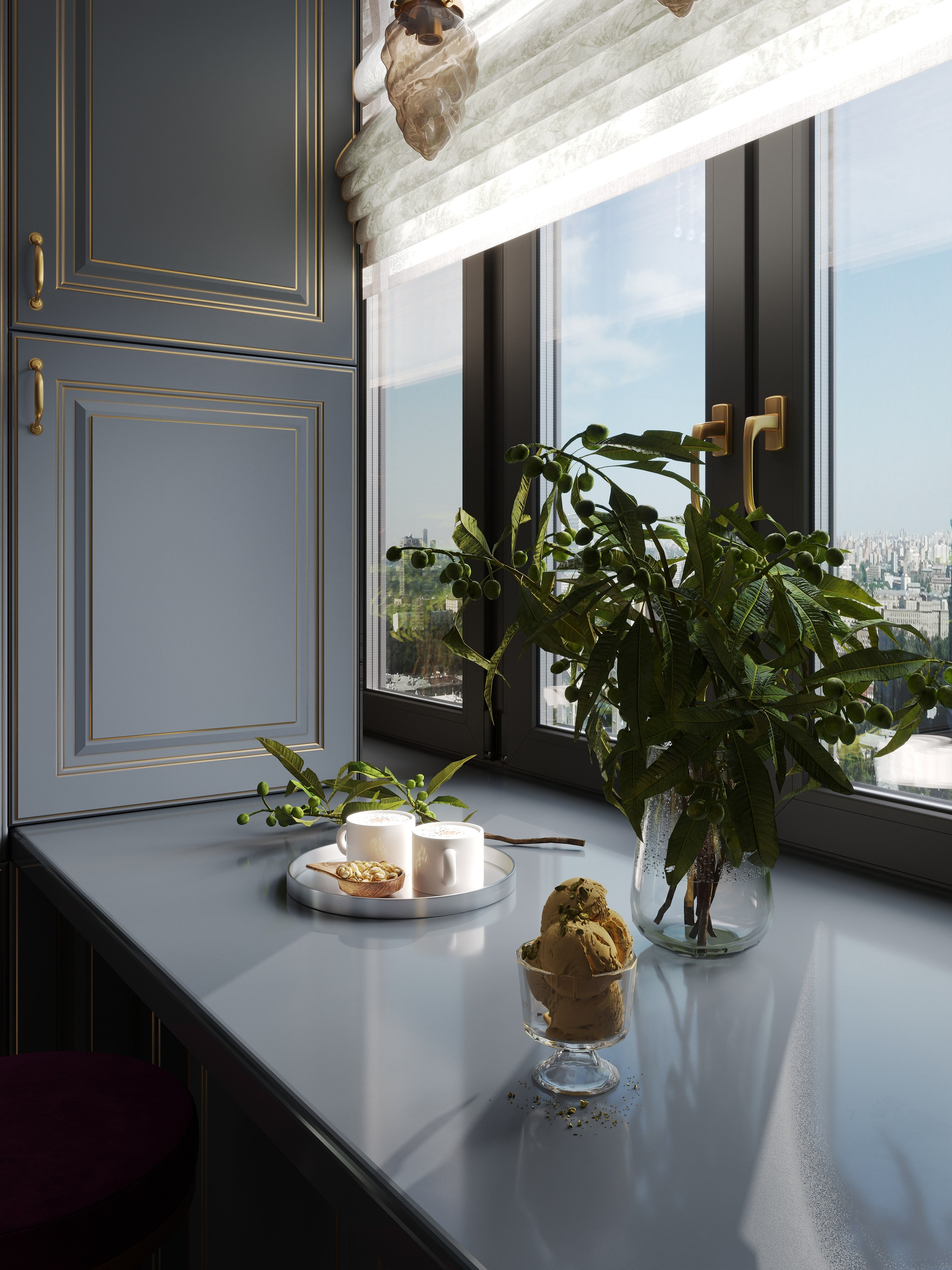 3D визуализация детали у окна в интерьере гостиной в современной классике