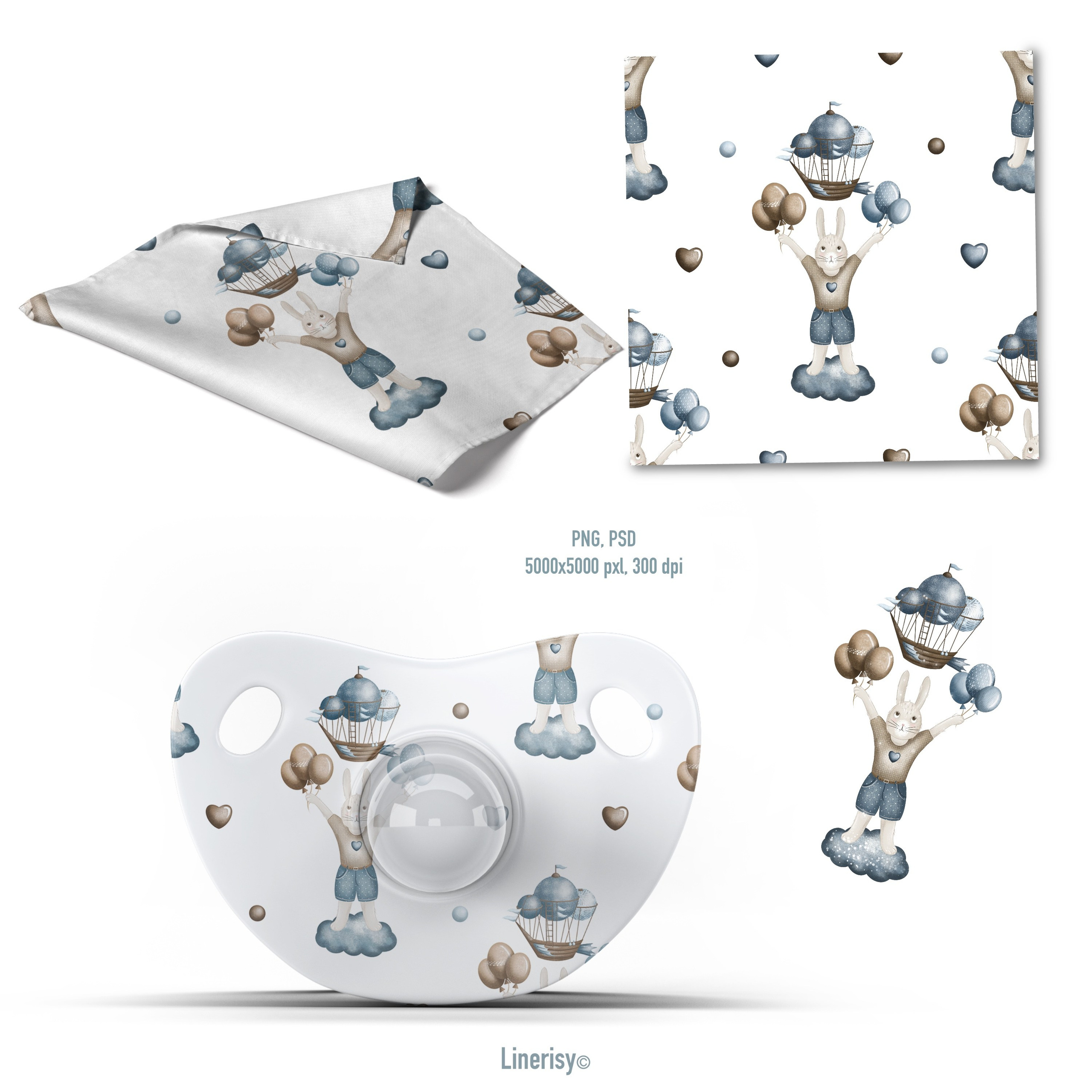 Набор бесшовных паттернов «Зайка на воздушном шаре». Художник-иллюстратор Евгения Бекренёва
