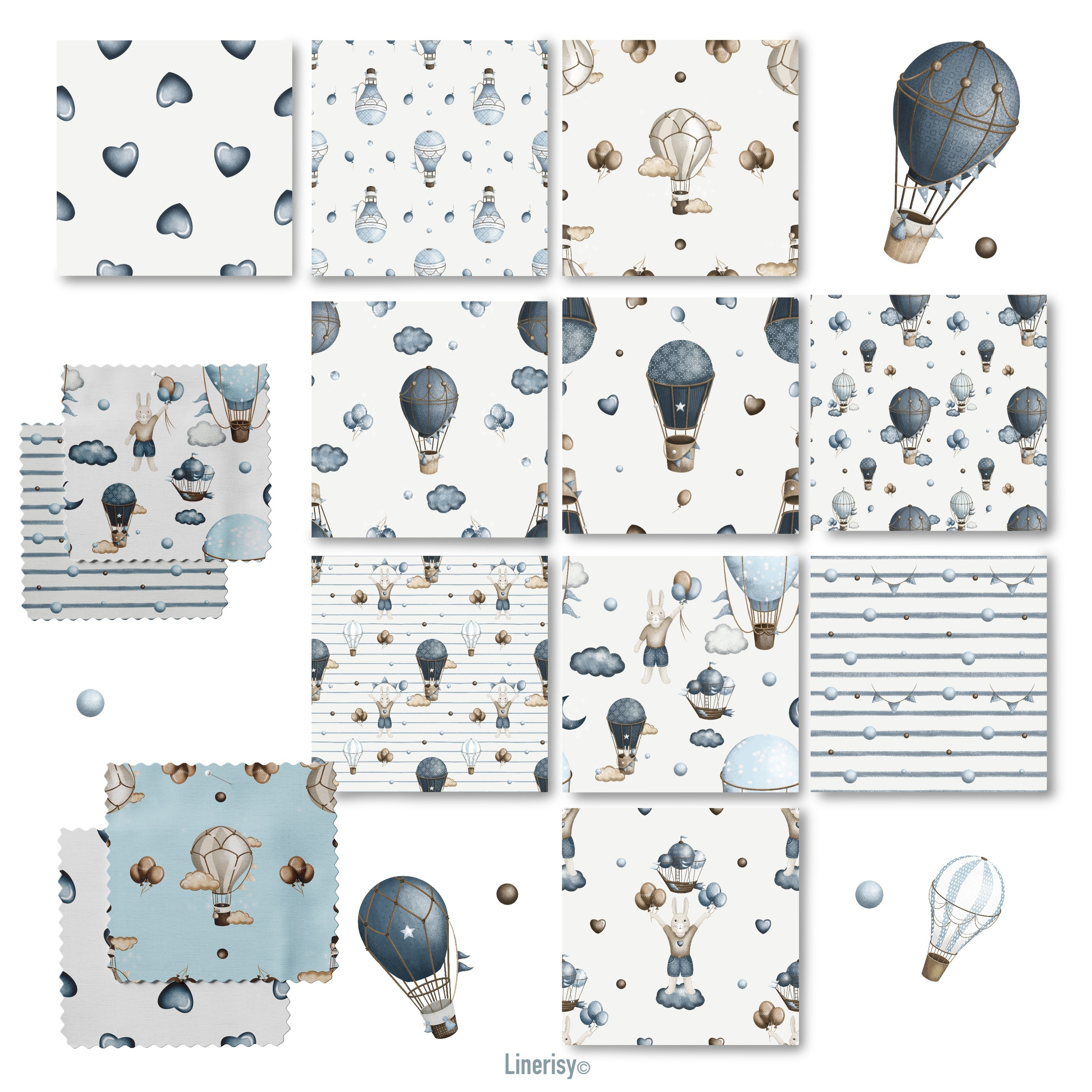 Набор бесшовных паттернов «Зайка на воздушном шаре». Художник-иллюстратор Евгения Бекренёва