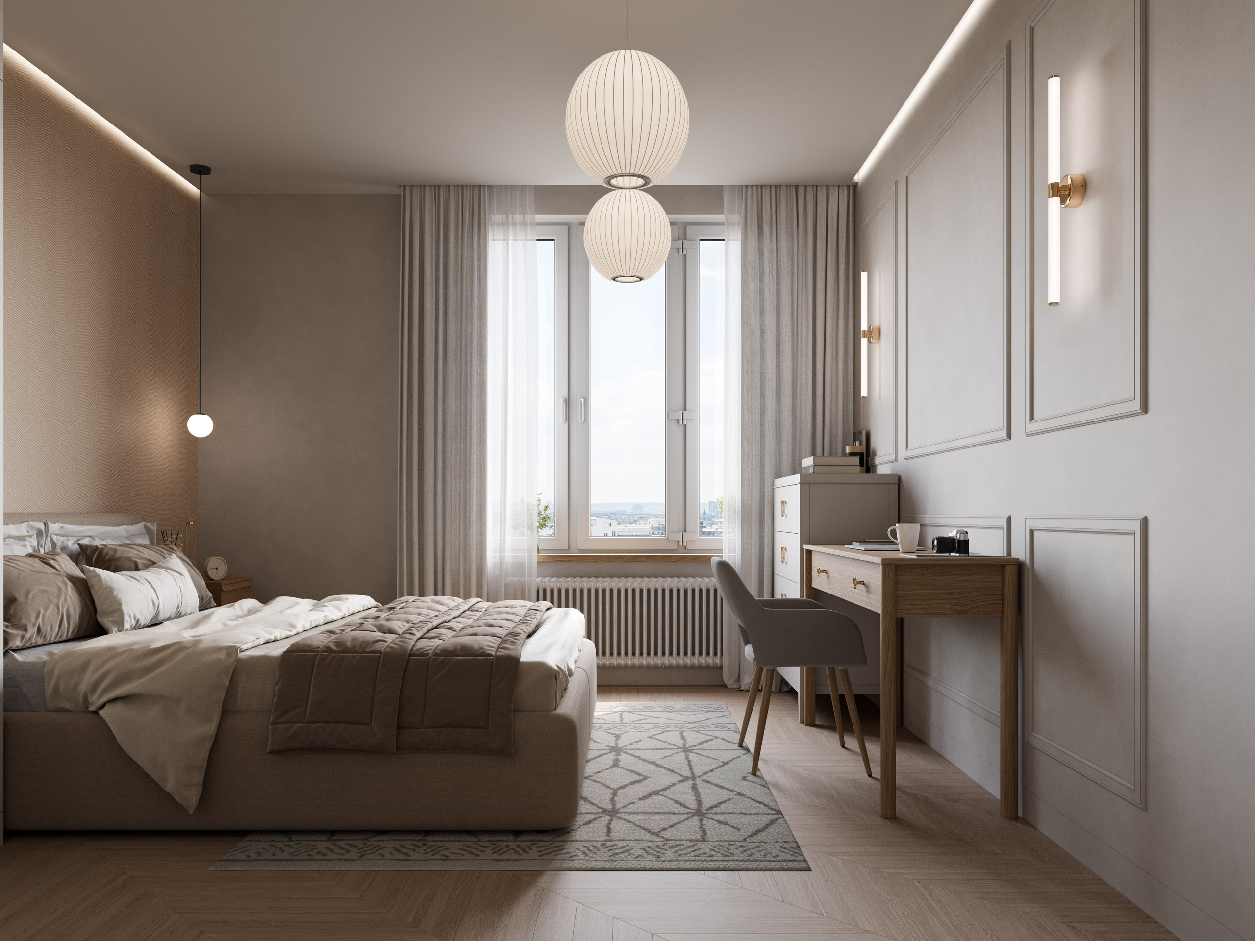 Спальная зона в стиле минимализм с серыми шторами и скрытой системой хранения