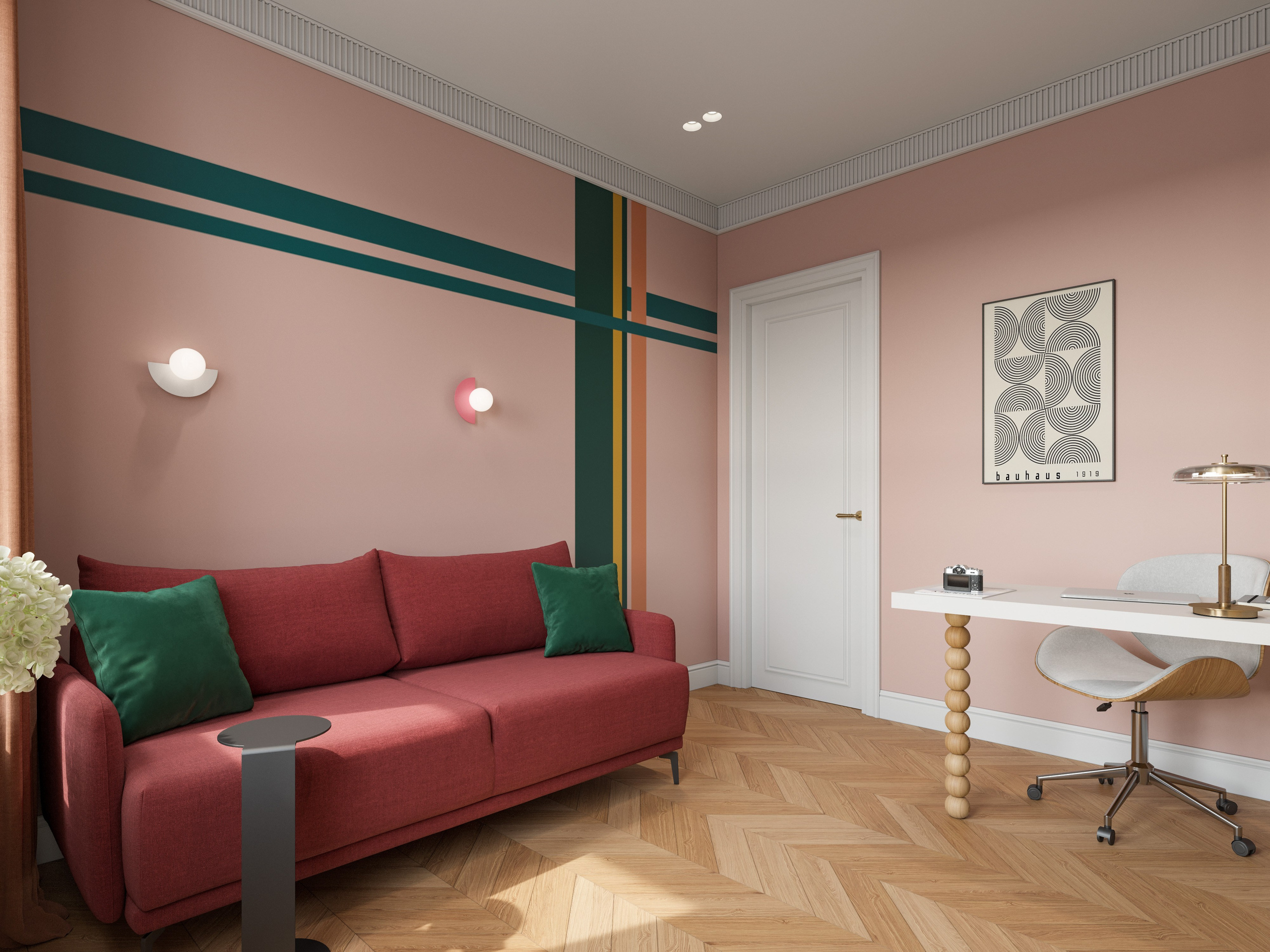 Домашний офис в современной классике с винными акцентами и минималистичной мебелью