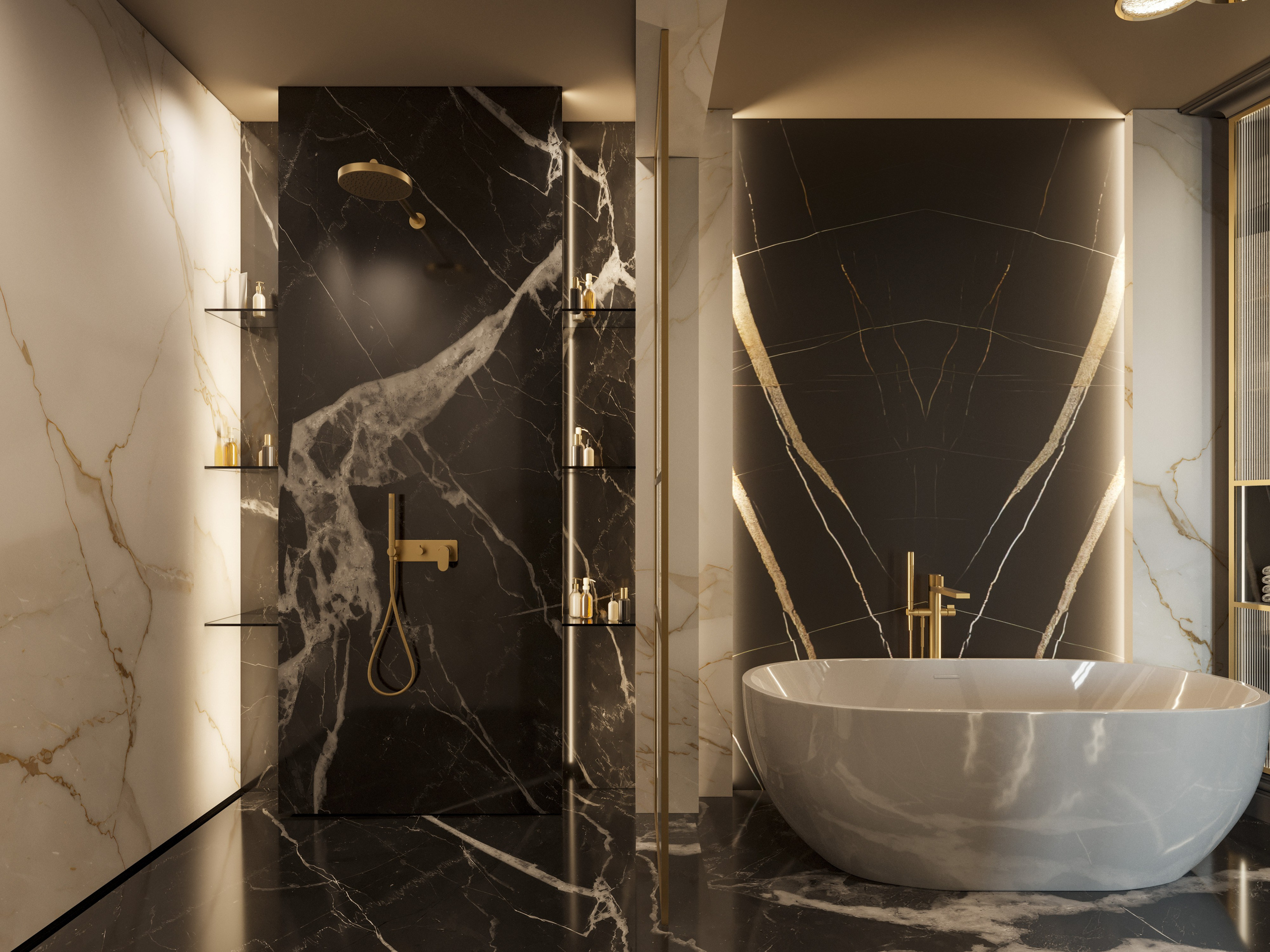 Ванная комната с отдельно стоящей ванной в апартаментах спальни