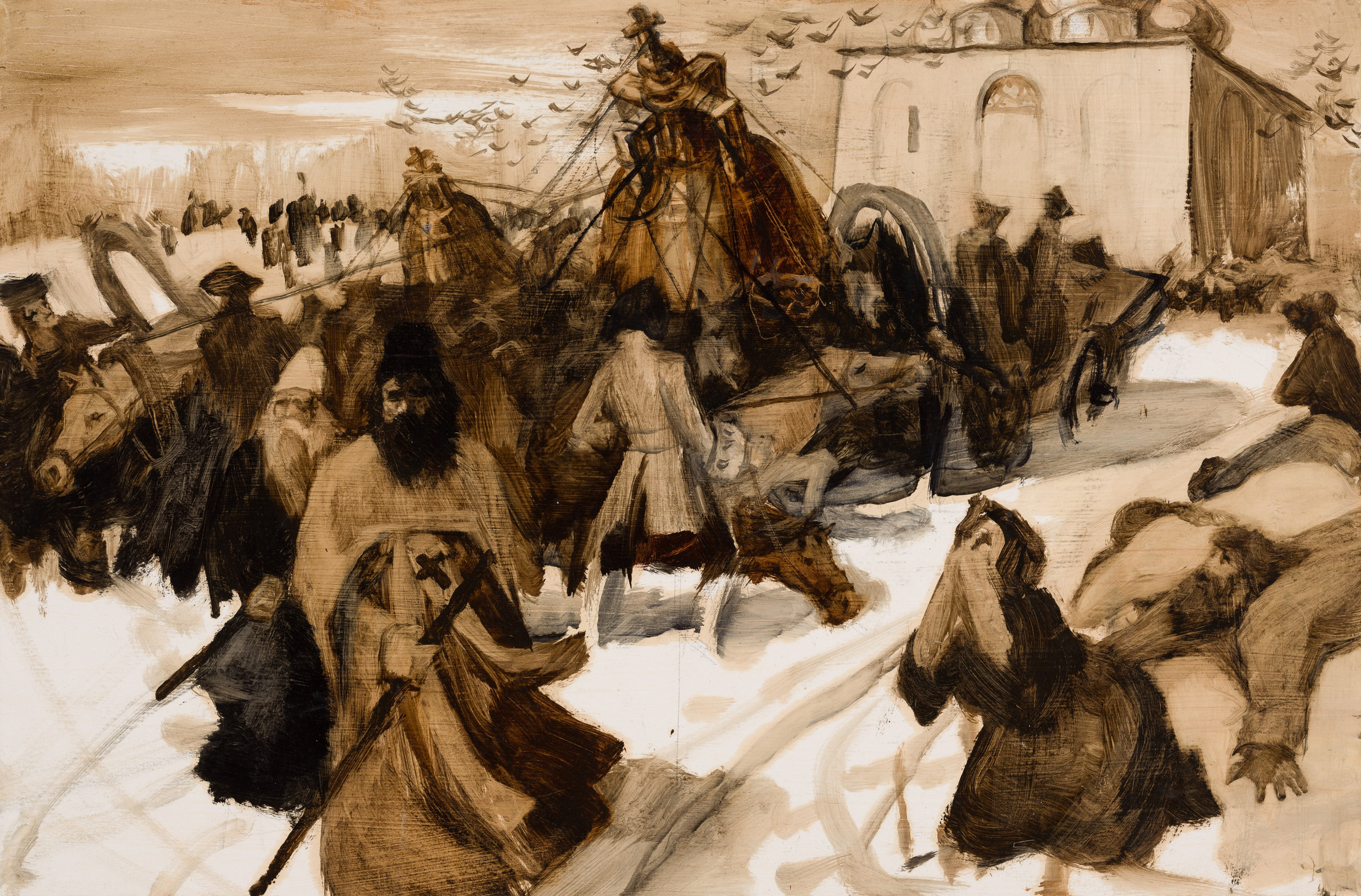 «Эскиз к дипломной работе. Иллюстрация к книге Алексея Толстого «Пётр I» - художник Валерий Блохин (бумага, масло, 45x65 см, 1983)