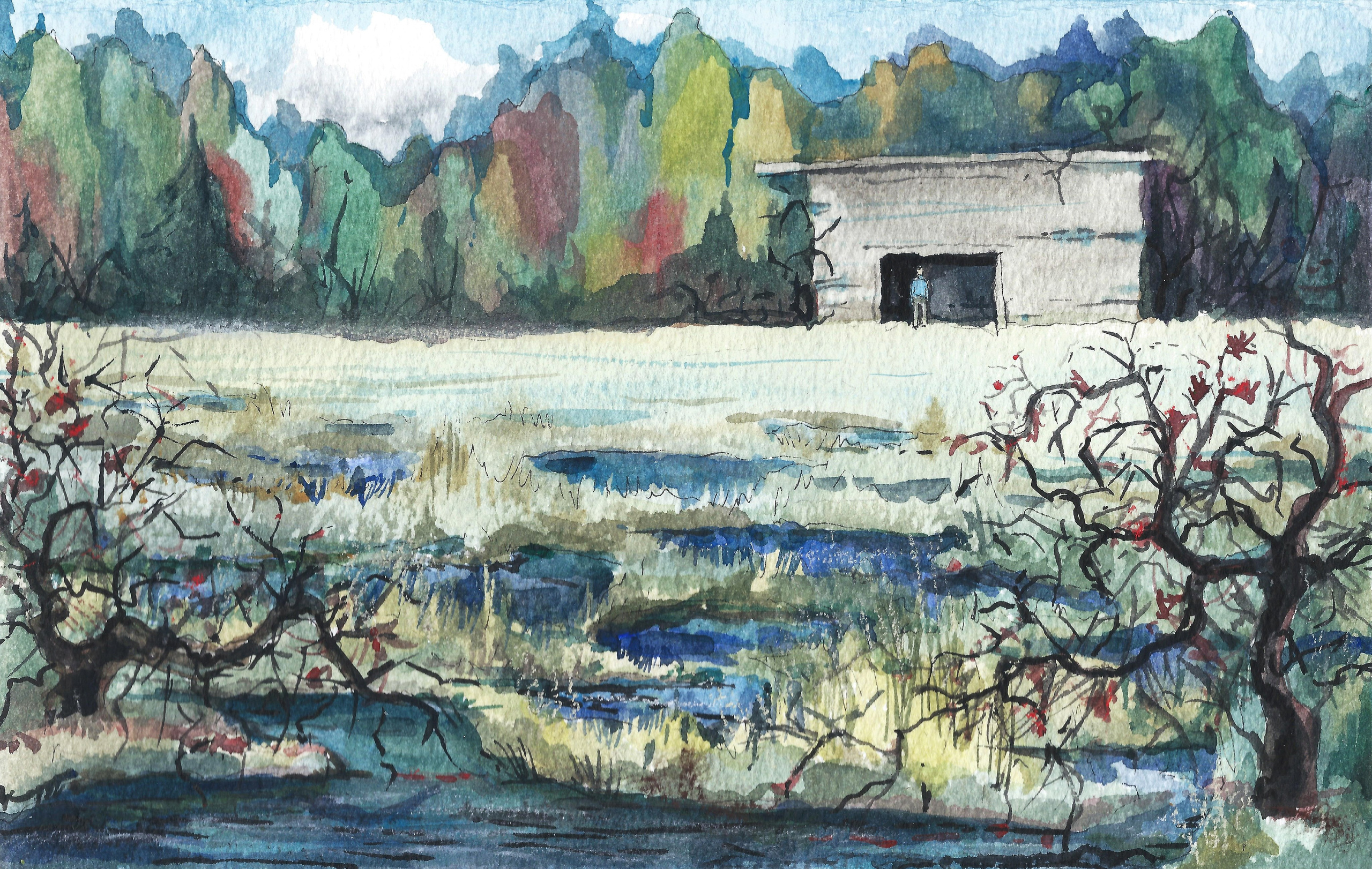 "Хижина у леса", акварель / тушь, 2016