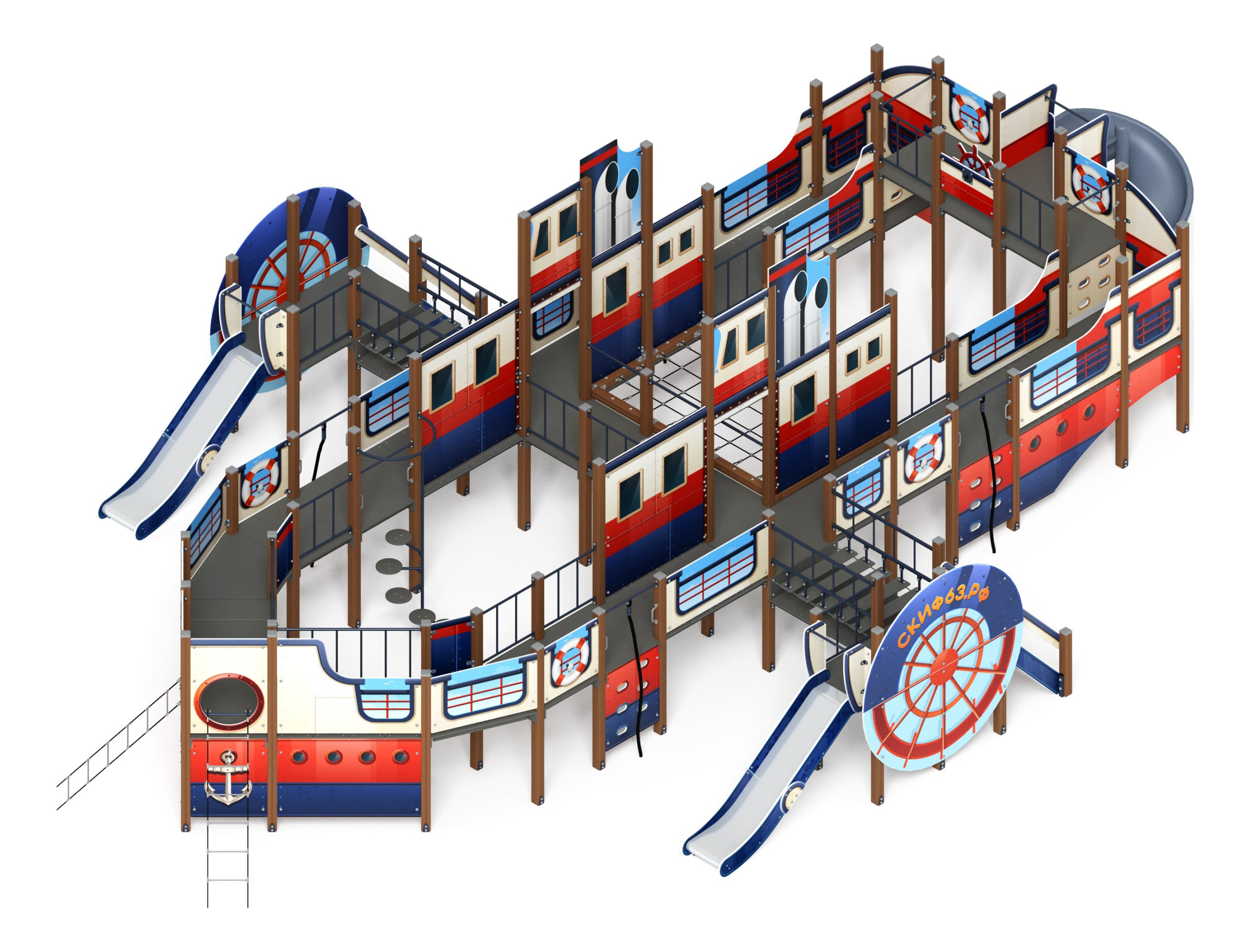 Пароход (Морской стиль) - ДИК 2.03.3.05-01.И1 - Игровой комплекс H=1200 H=2000                                                                            Габариты (ШхДхВ): 14250х9630х4250                                                                                                                                                                 Зона безопасности, мм: 18560х12600                                                                                                                                                                 Скат горки: H=1200 (прямой скат) / H=2000 (винтовой скат)                                                                                                                                            Возрастные ограничения от 5 до 12 лет