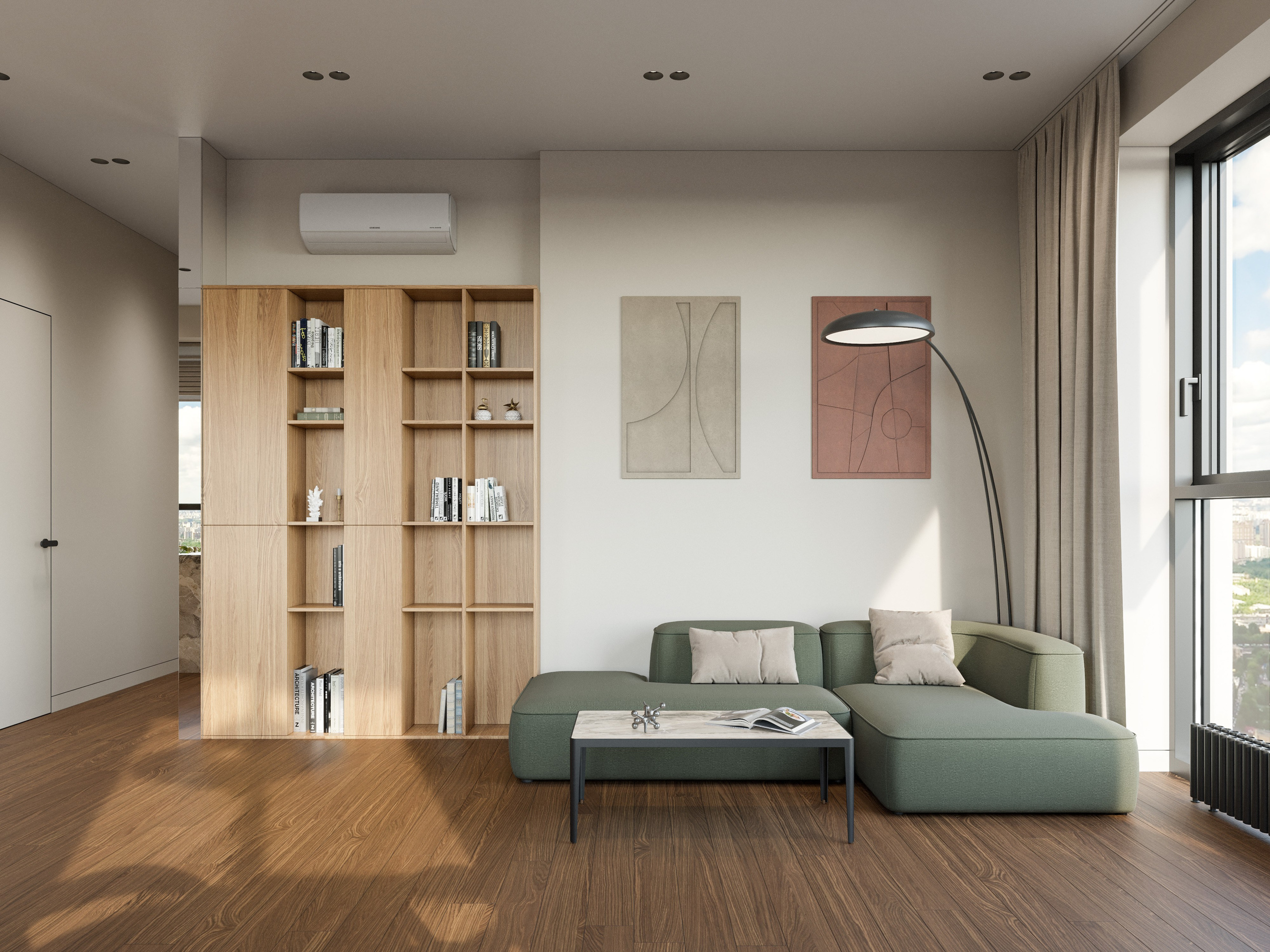 3D визуализация светлой гостиной с панорамными окнами и деревянной отделкой в стиле минимализм