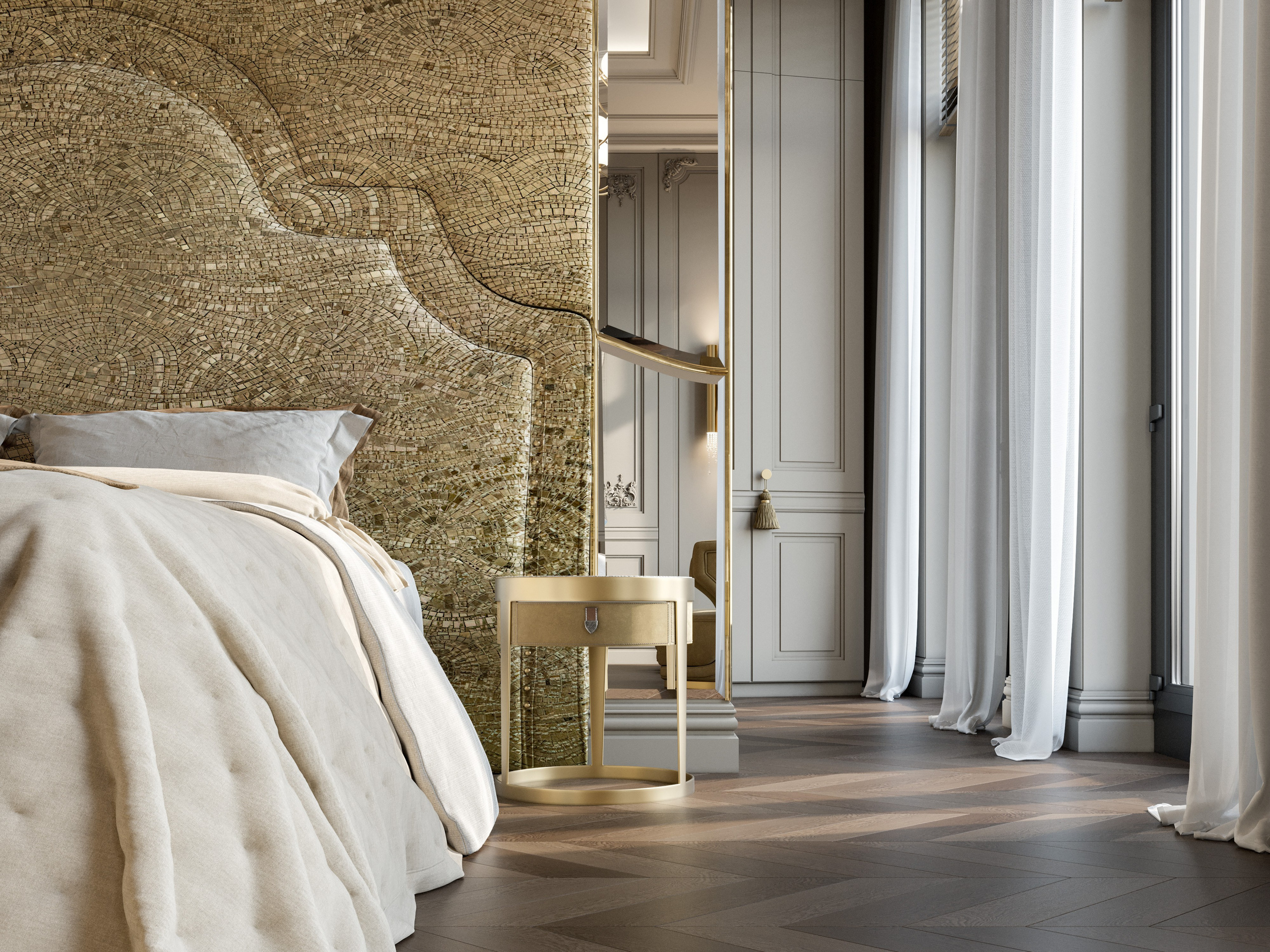 Прикроватные тумбы с золотыми ручками и мраморными столешницами