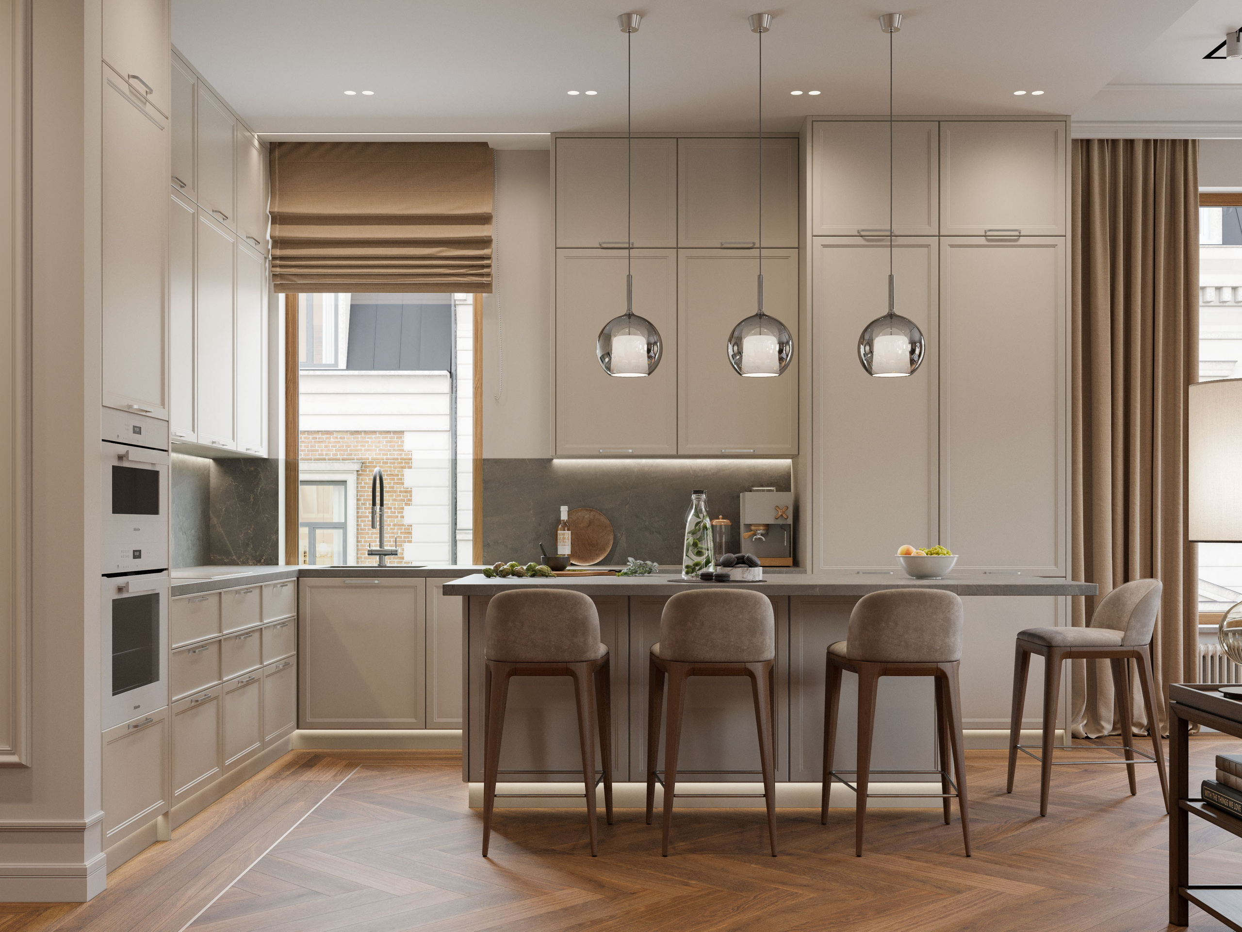 Кухня в Петербургской квартире с филёнчатыми фасадами и мраморной столешницей