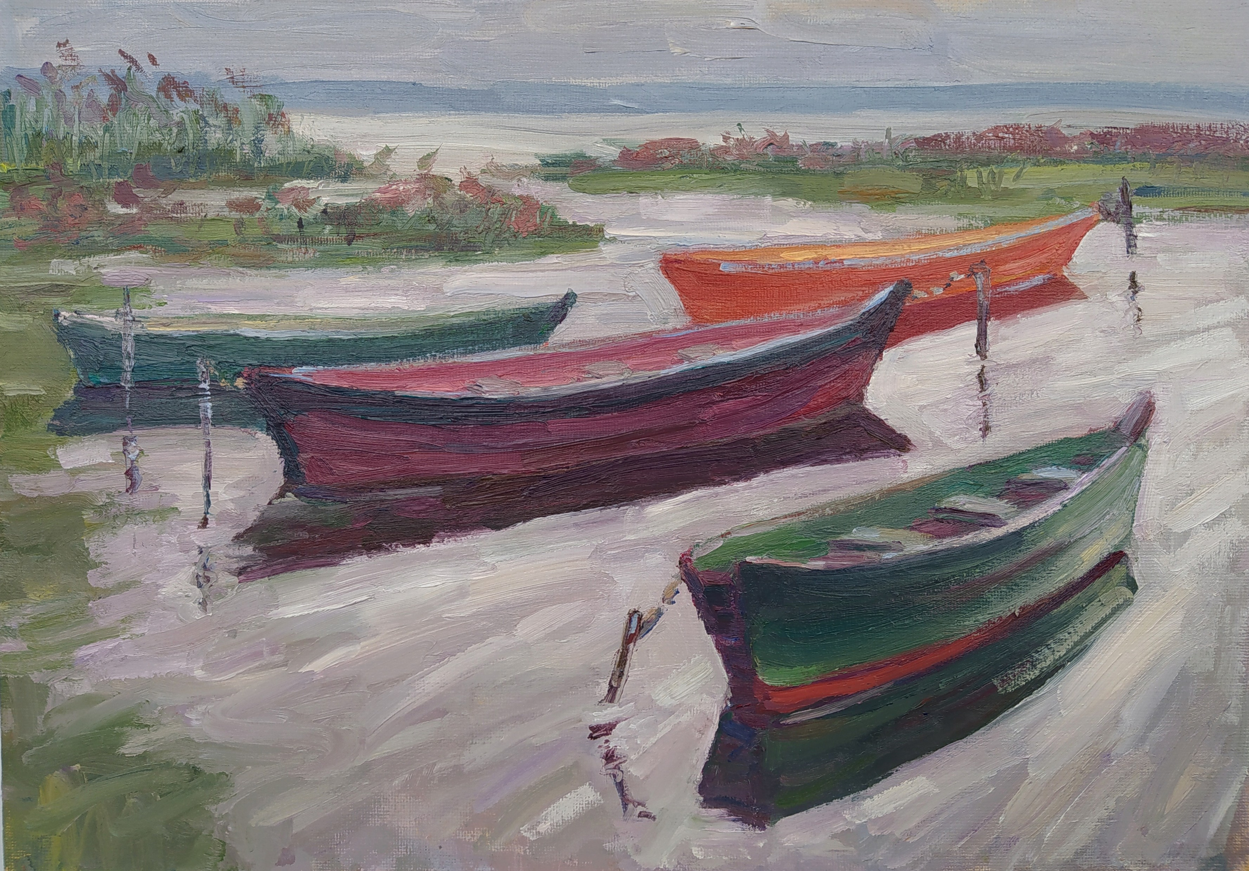 Пейзаж с лодками на озере - Масляная живопись