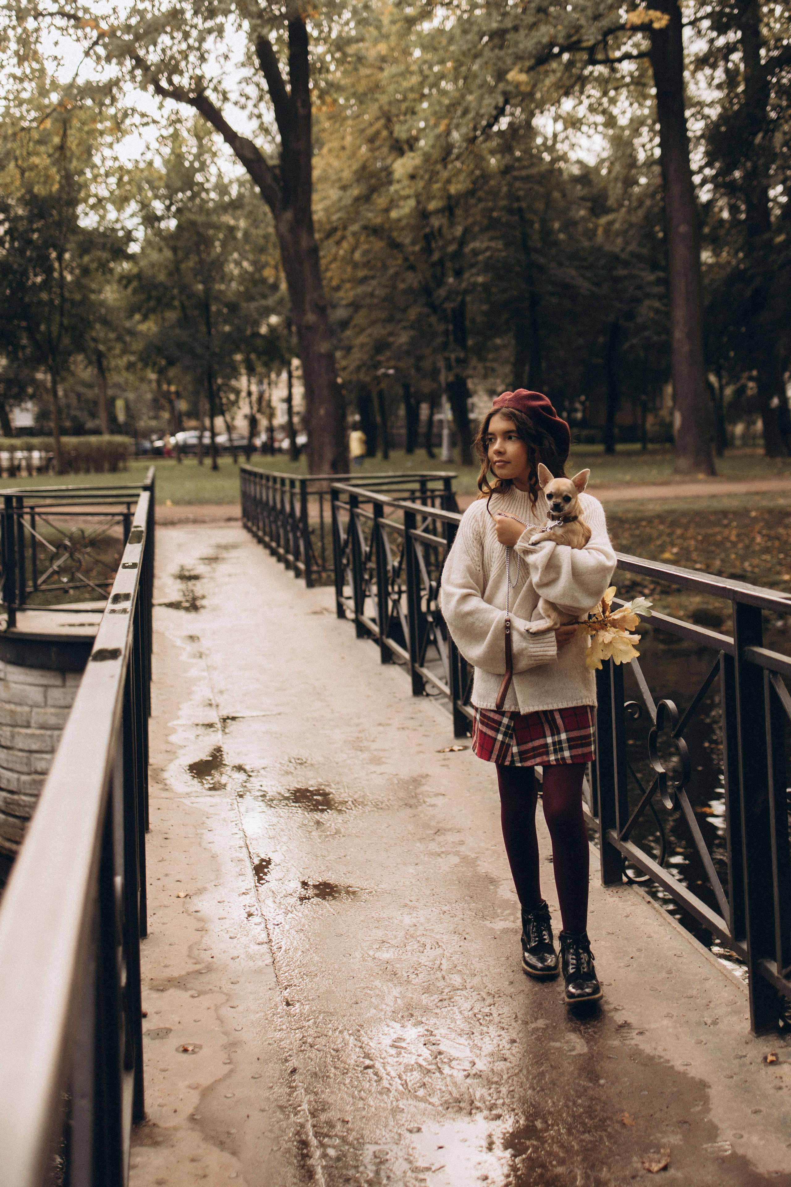 девочка идет по мостику держа на руках собачку в лужах красиво отражается солнечный свет