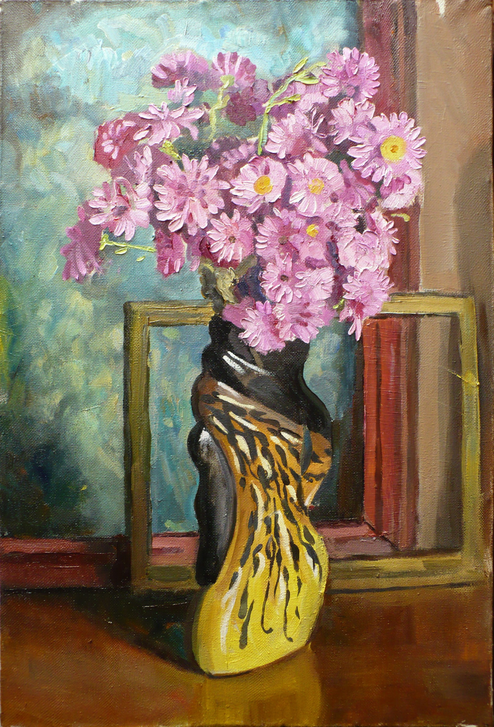 Розовые цветы в пятнистой вазе. Размер 60 х 40 см. Год создания 2007.