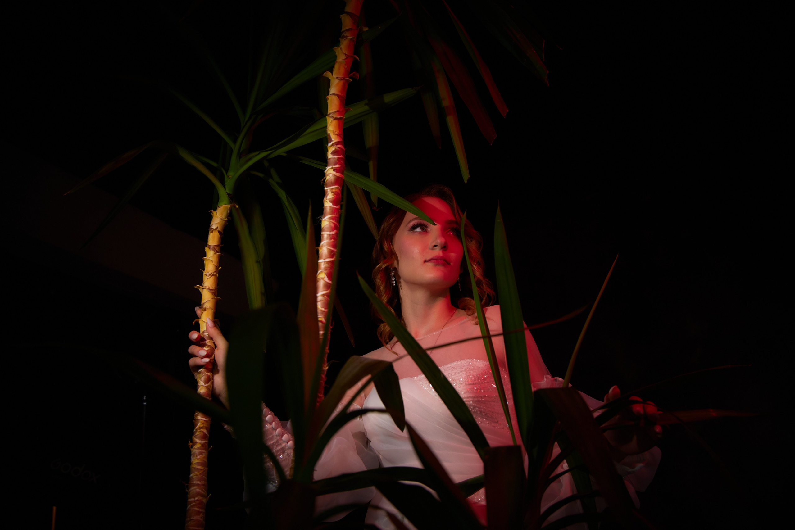 невеста с красной подсветкой фотофонаря