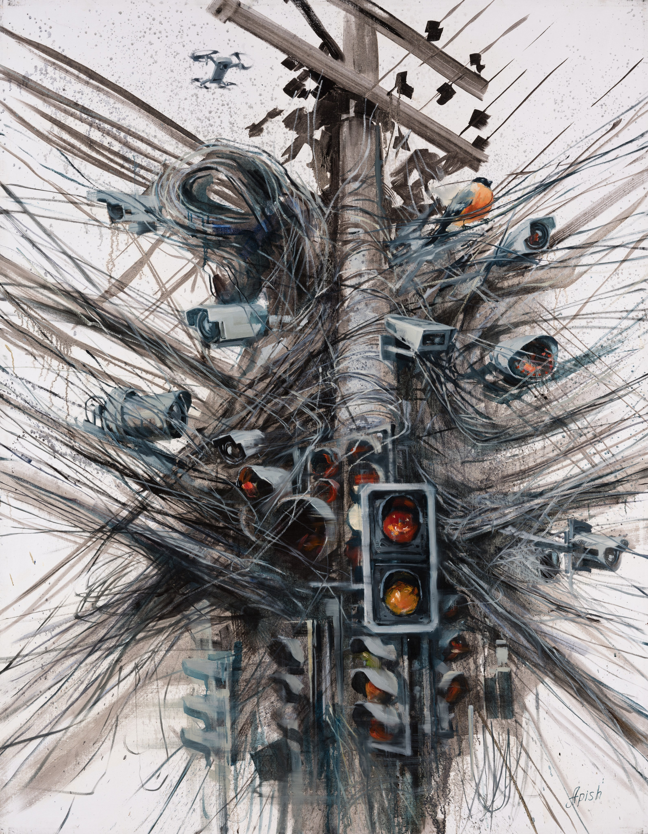 «Паутина контроля» - художник Алексей Апиш (холст, масло, 180x140 см, 2024)