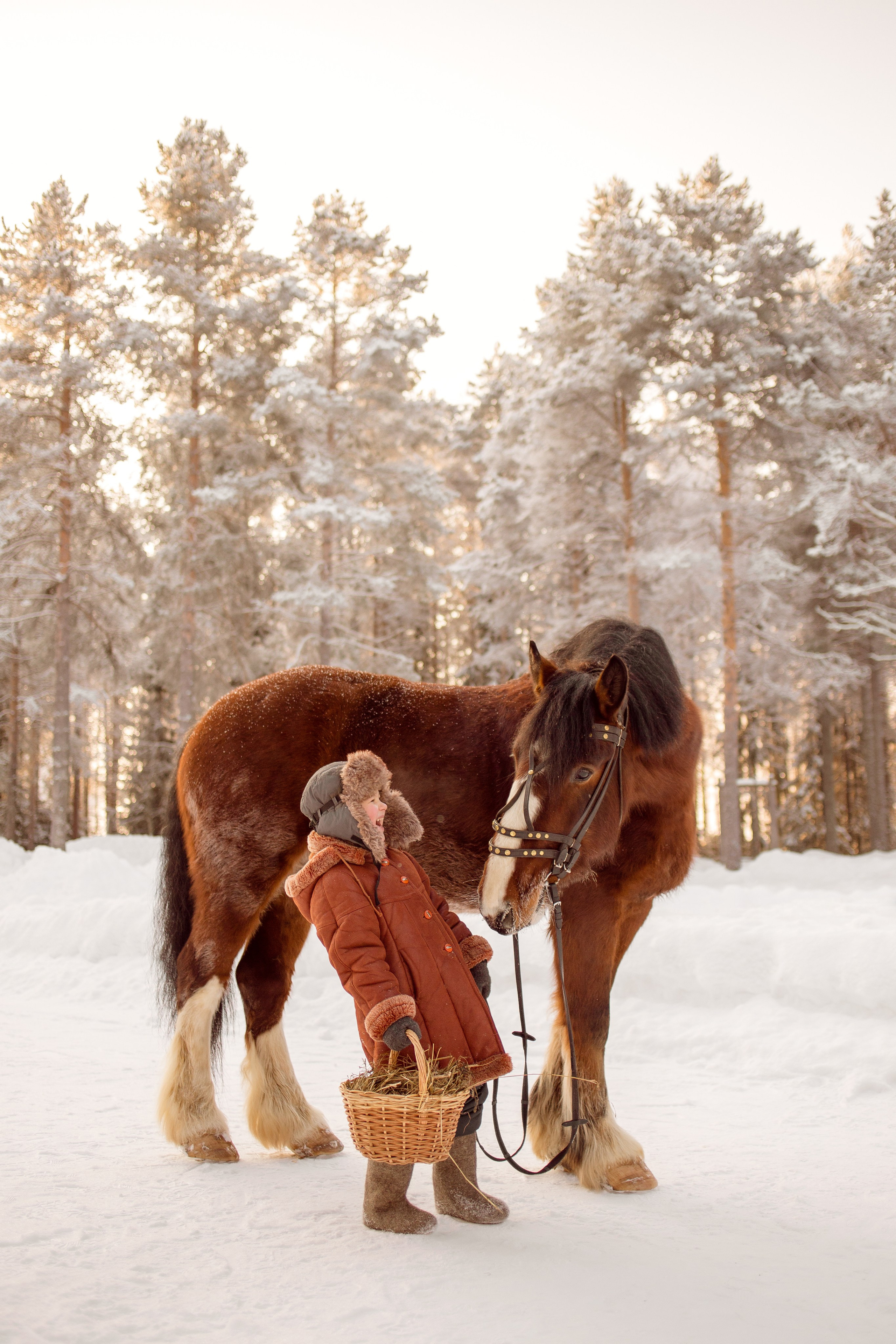 Детская фотосессия с лошадью зимой