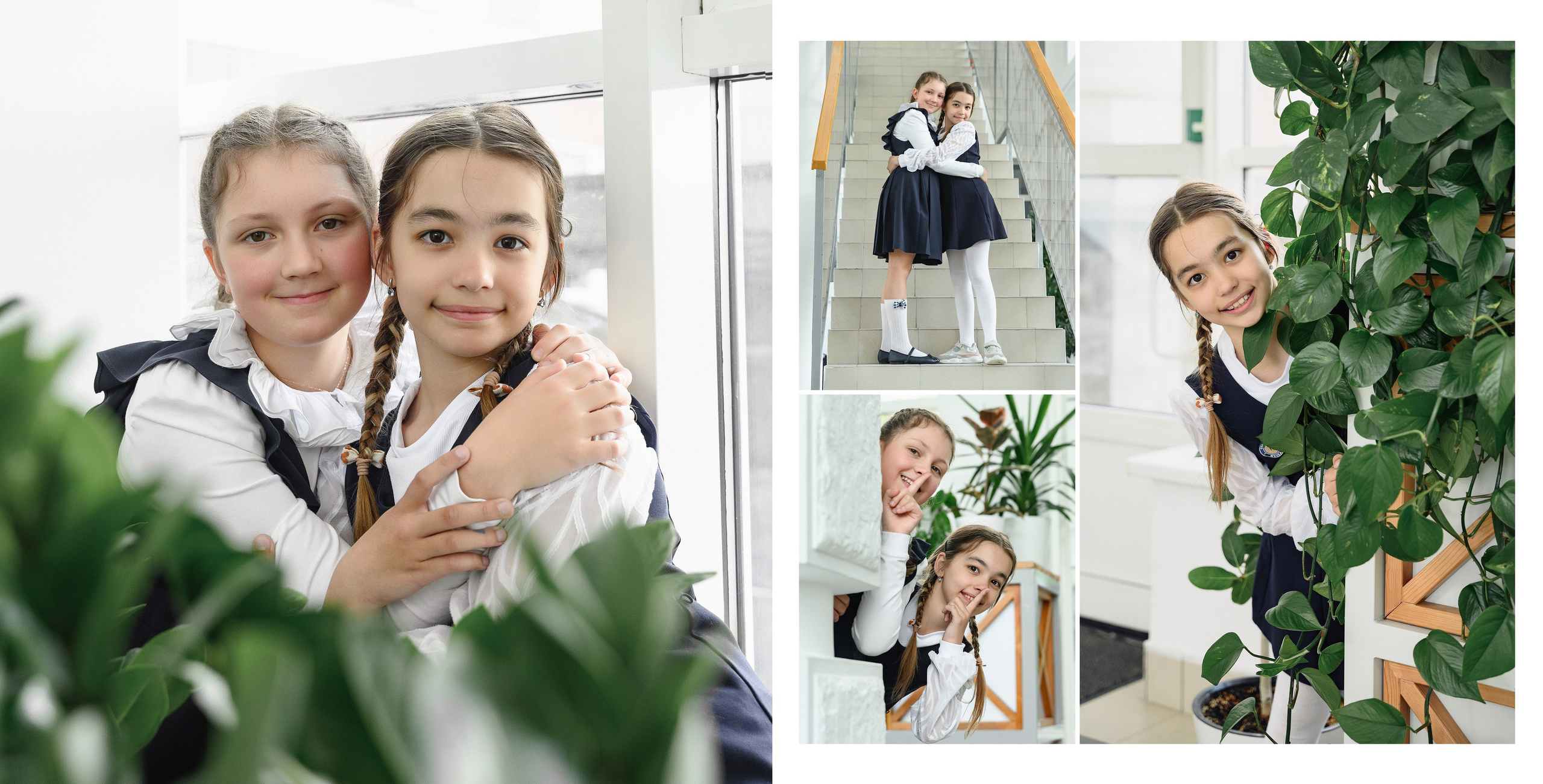 Разворот фотокниги: портрет двух школьниц среди зелени и коллаж с индивидуальными кадрами в школьных локациях.