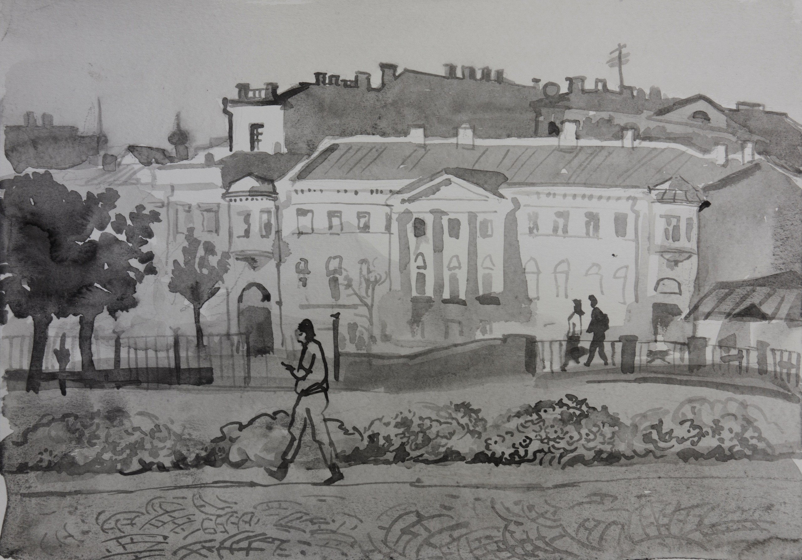 город, графика, черно-белый город, белые ночи, Петербург