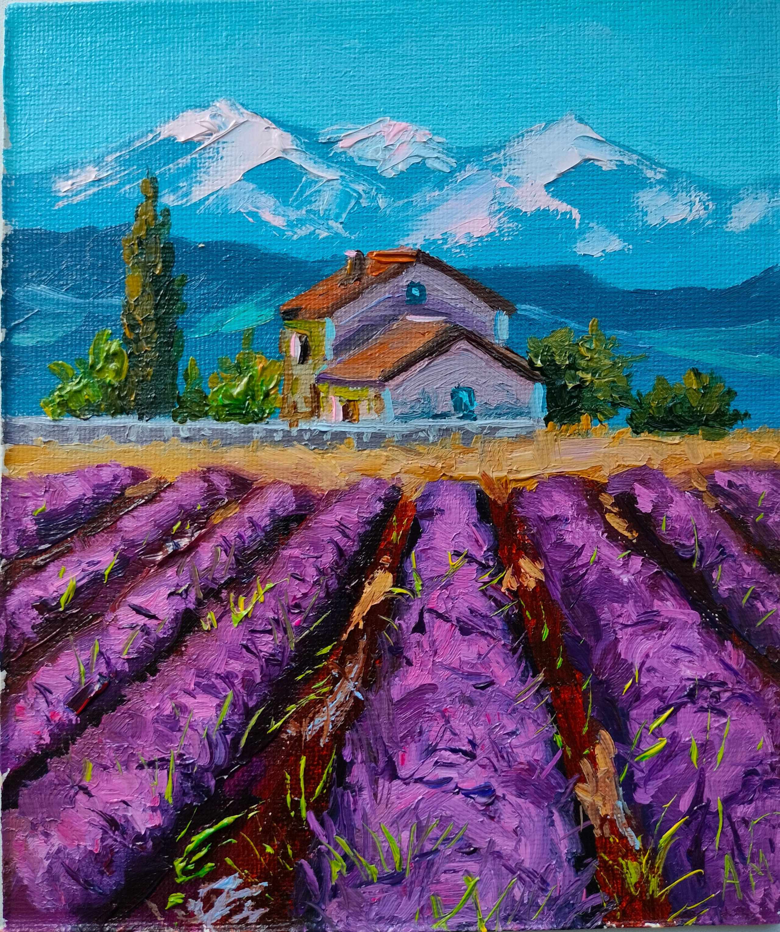 Лилой пейзаж с ловандой и домиком. купить картину Саратов 