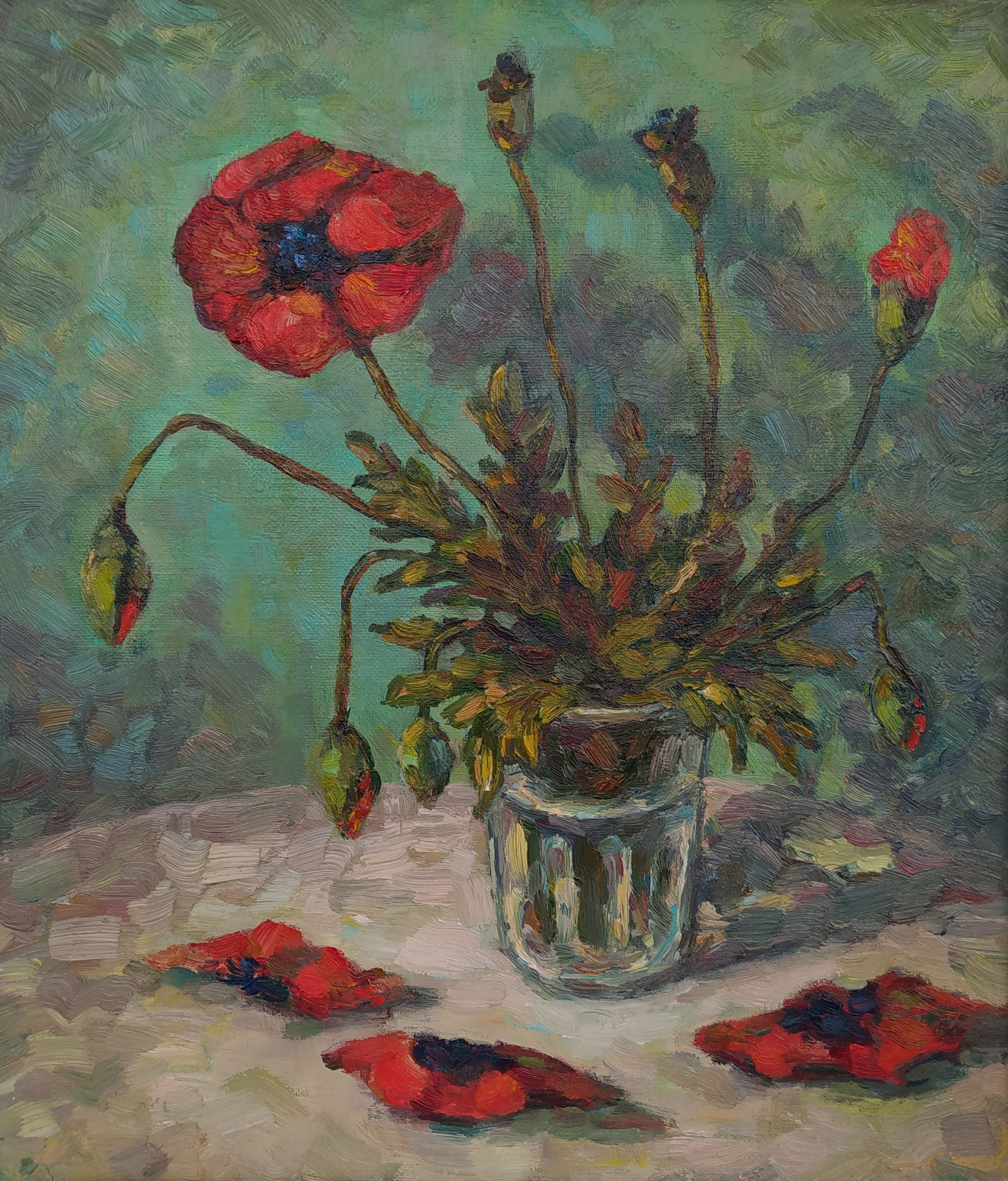 Картина маслом - Красный дикий мак распустился в стакане