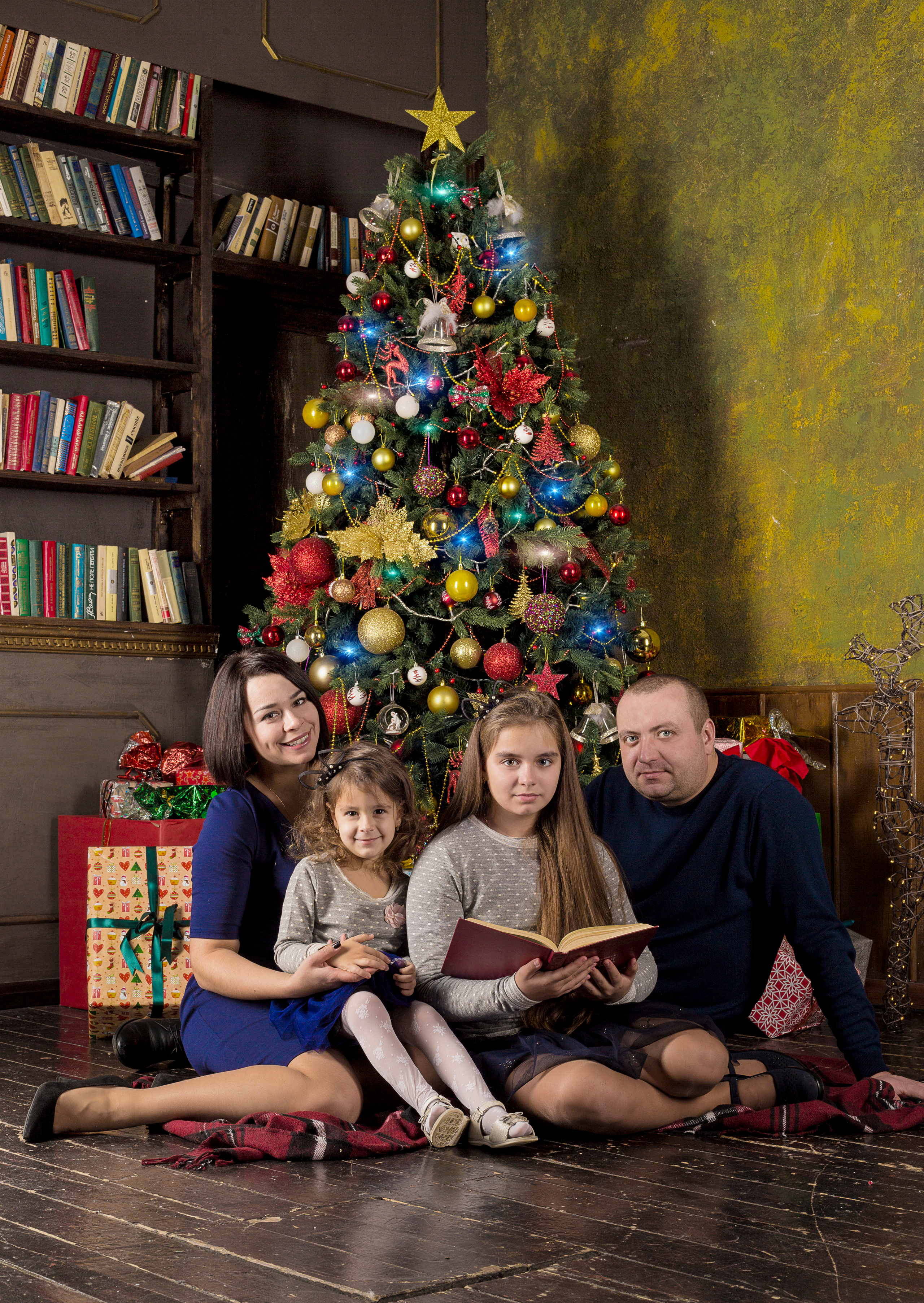 Семейная фотосессия в студии. Новогодний декор. Дочки, мама и папа