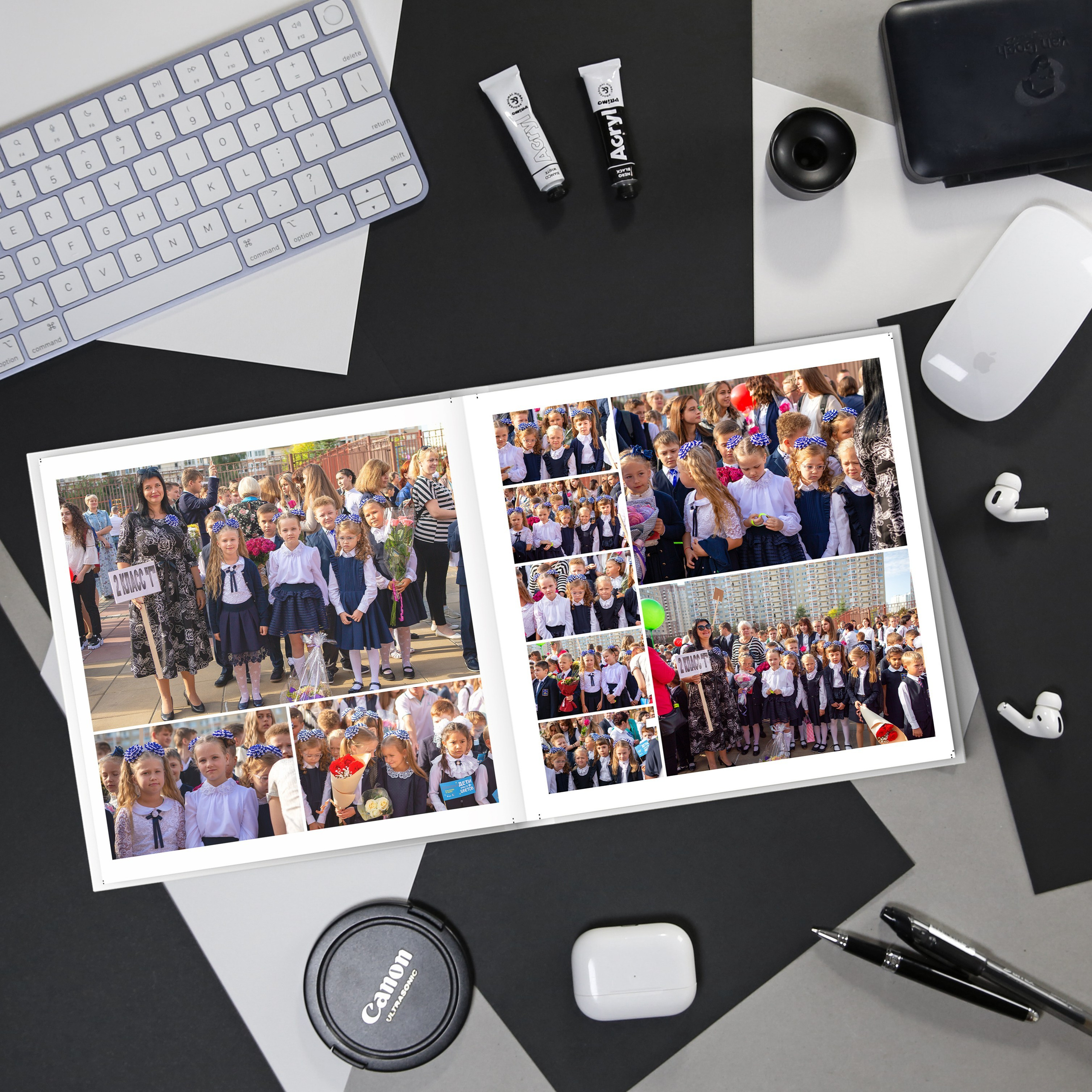 Разворот альбома учителю с фотографиями учеников и классных моментов