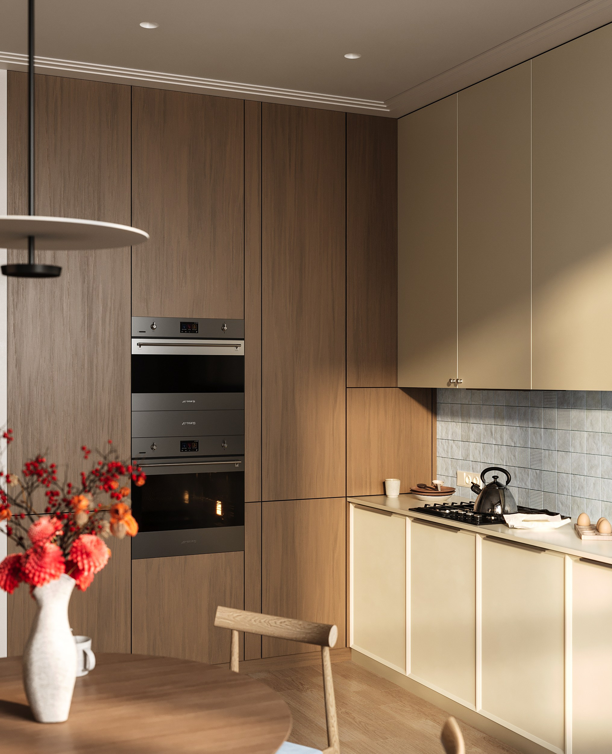 Кухня в оттенке сливочного масла в осенний день. Дизайн и визуализация выполнены мной. 3D Визуализация