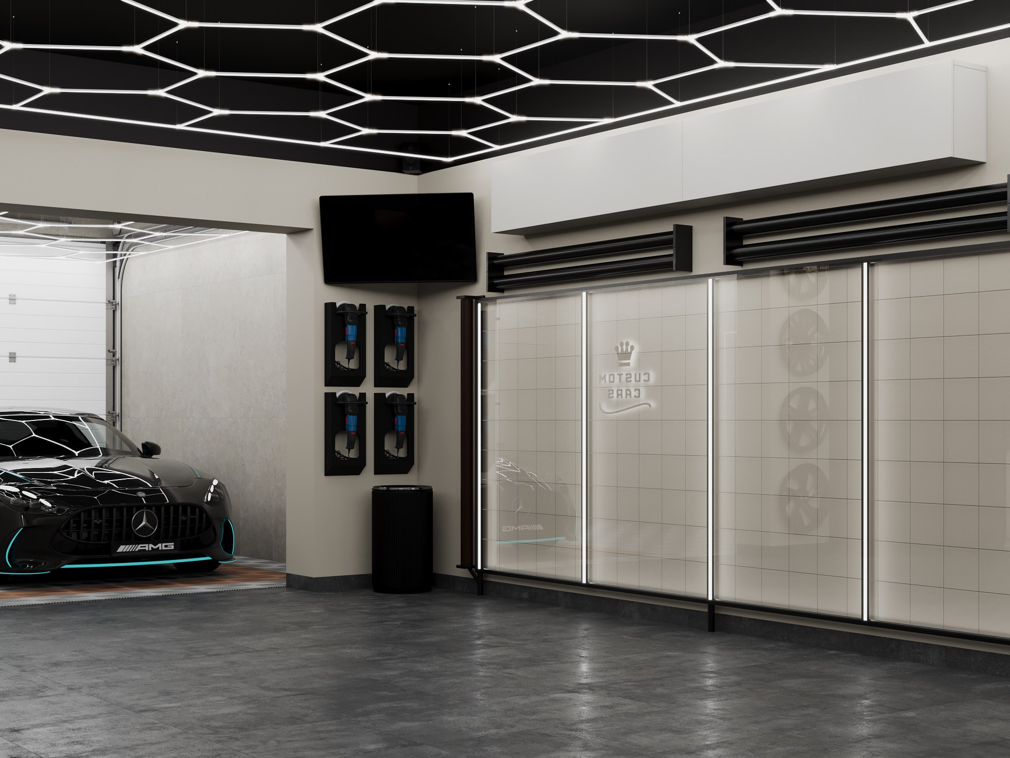 Интерьерная визуализация детейлинг-центра с оснащением для обслуживания автомобилей
