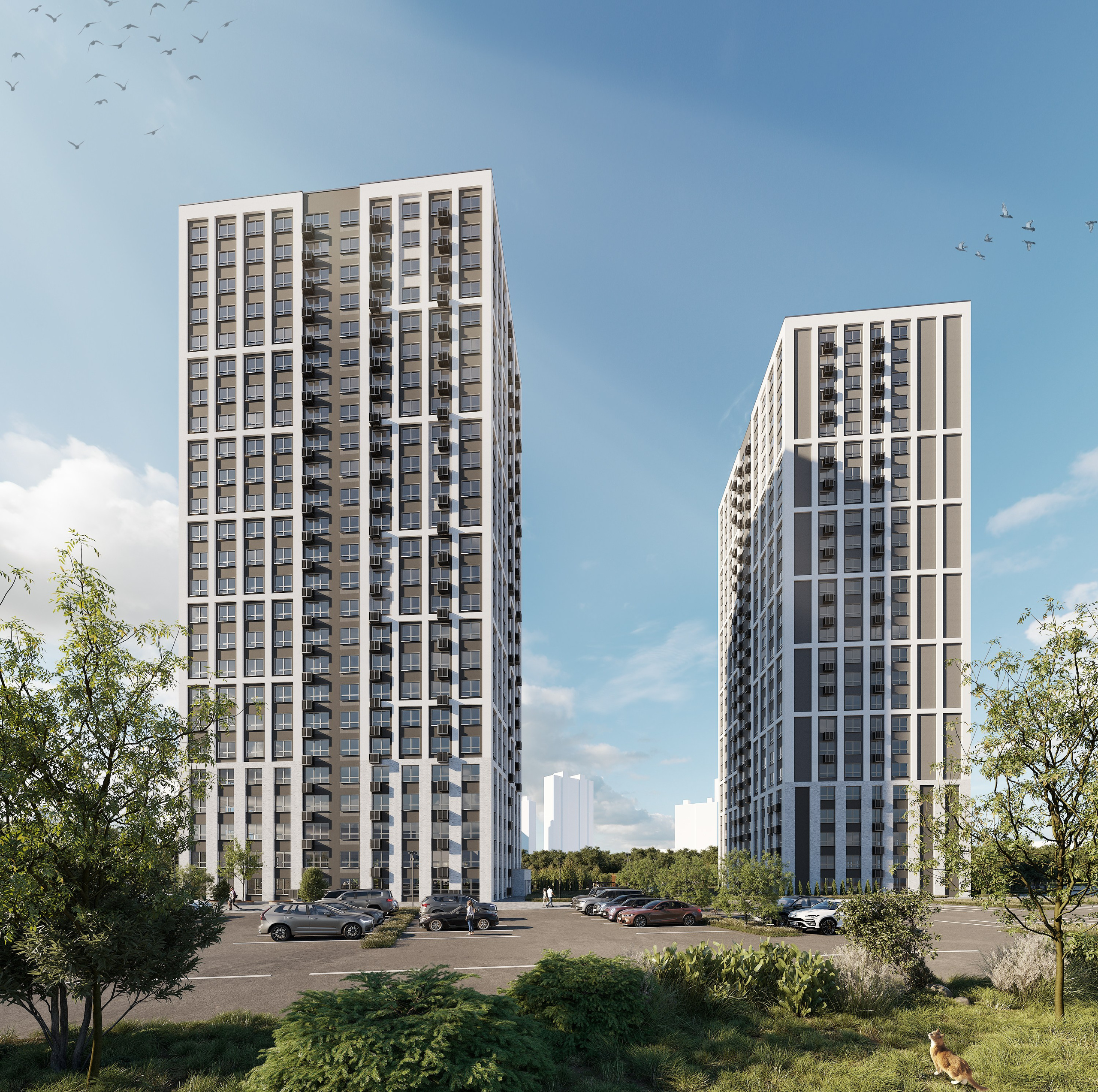 3D визуализация жилого комплекса "Патриот Парк" в современном стиле.