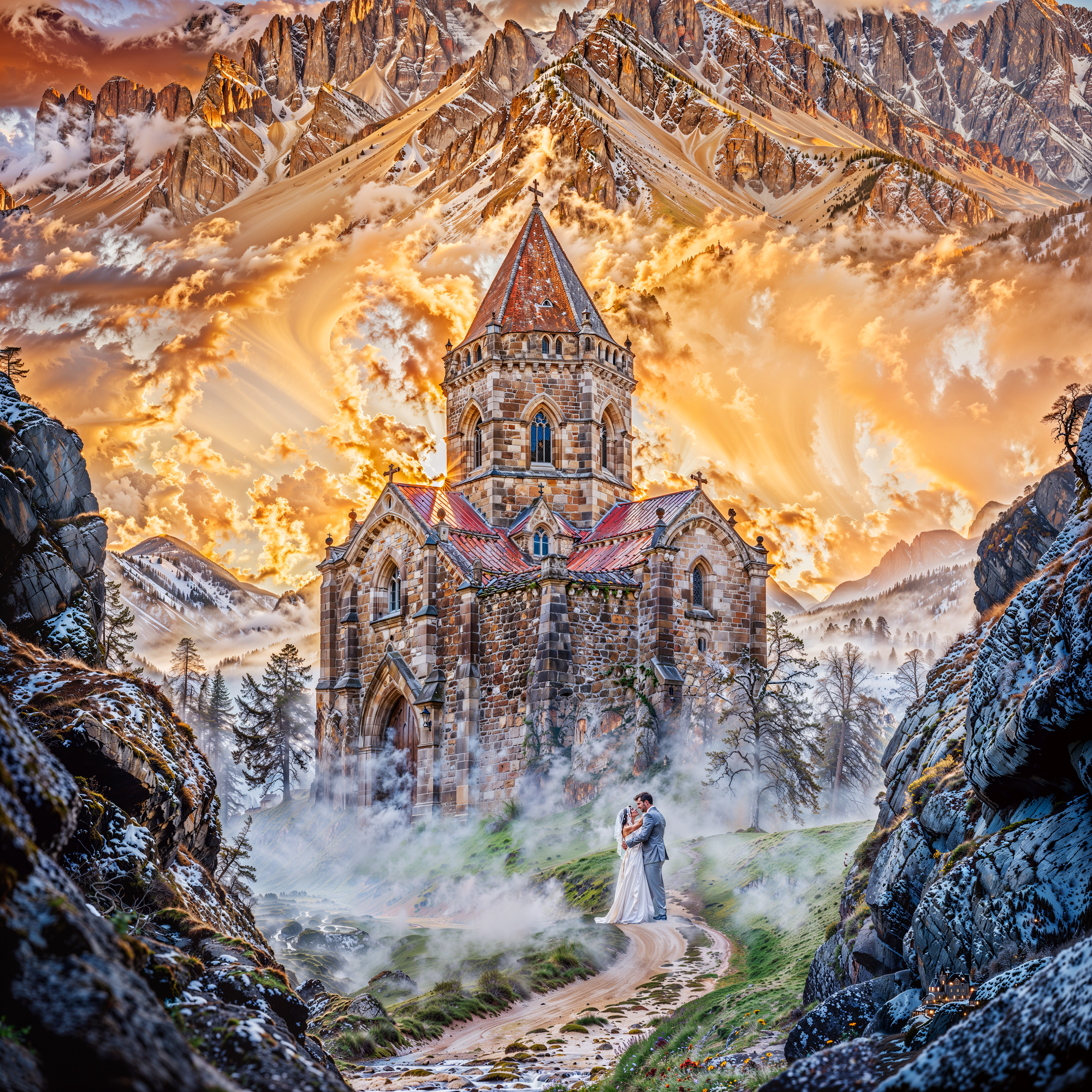 Цифровая адаптация по мотивам Артуша Восканяна: жених и невеста у горной часовни, окружённой туманом и золотым небом — переосмыслено и доработано Olegorizm.