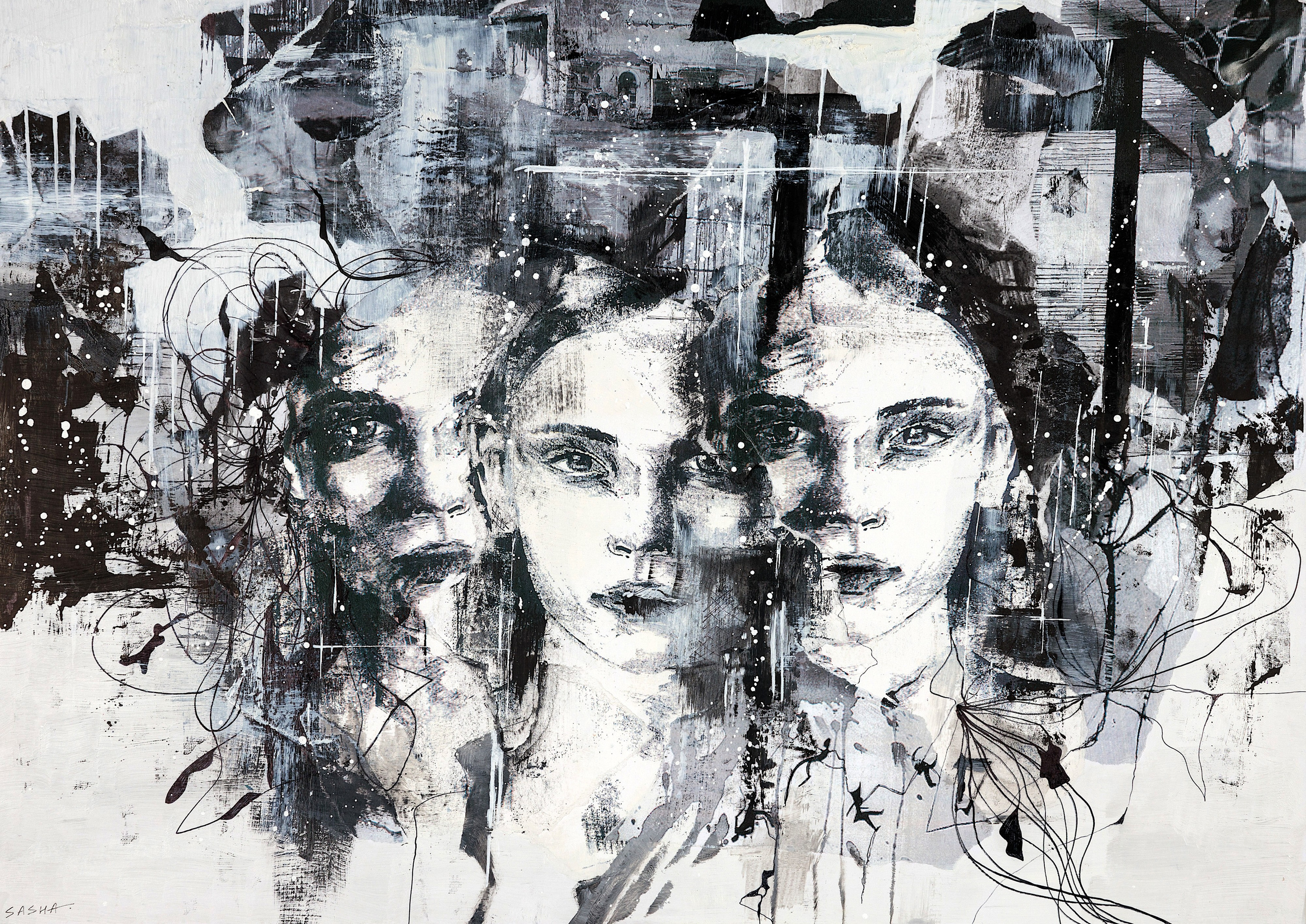 картина с тремя женскими лицами в черно-белой гамме, абстракция