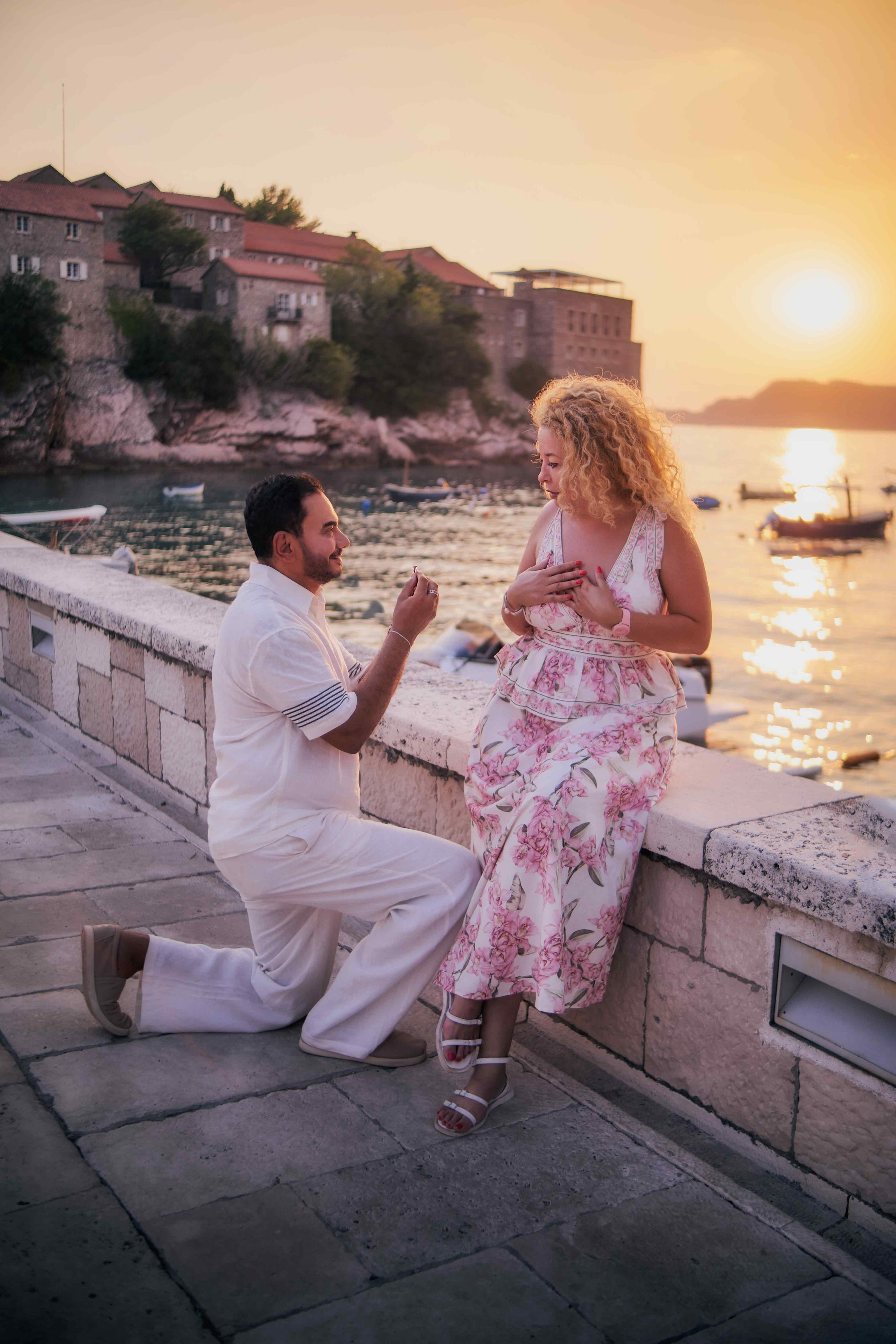 Surprise Proposal Photography at Sveti Stefan | Sunset Engagement Photos