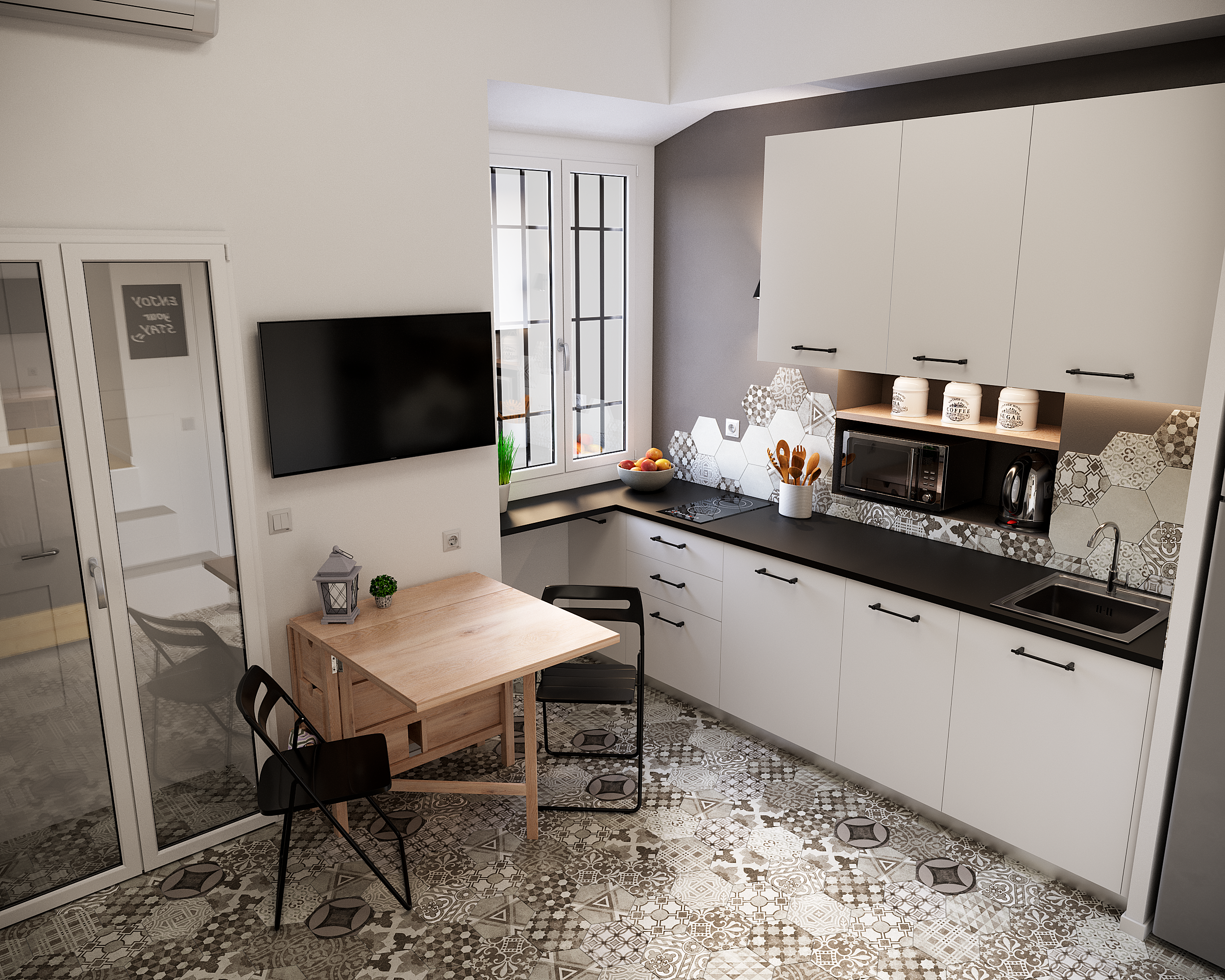 3D визуализация кухонной зоны квартиры-студии с обеденным столом, подвесными шкафами и окном