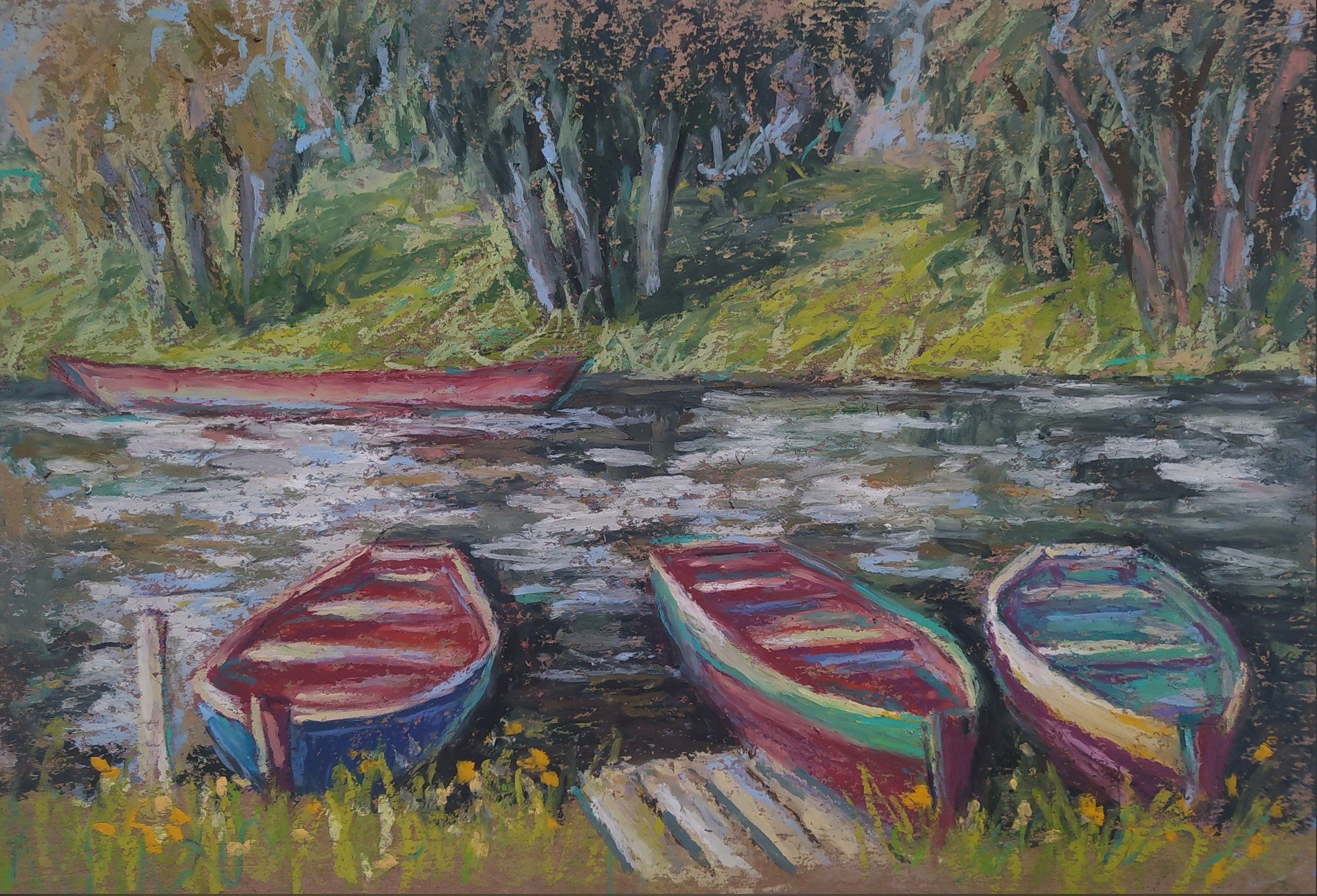 Пейзаж масляной пастелью, рисунок - Лодки на берегу реки
