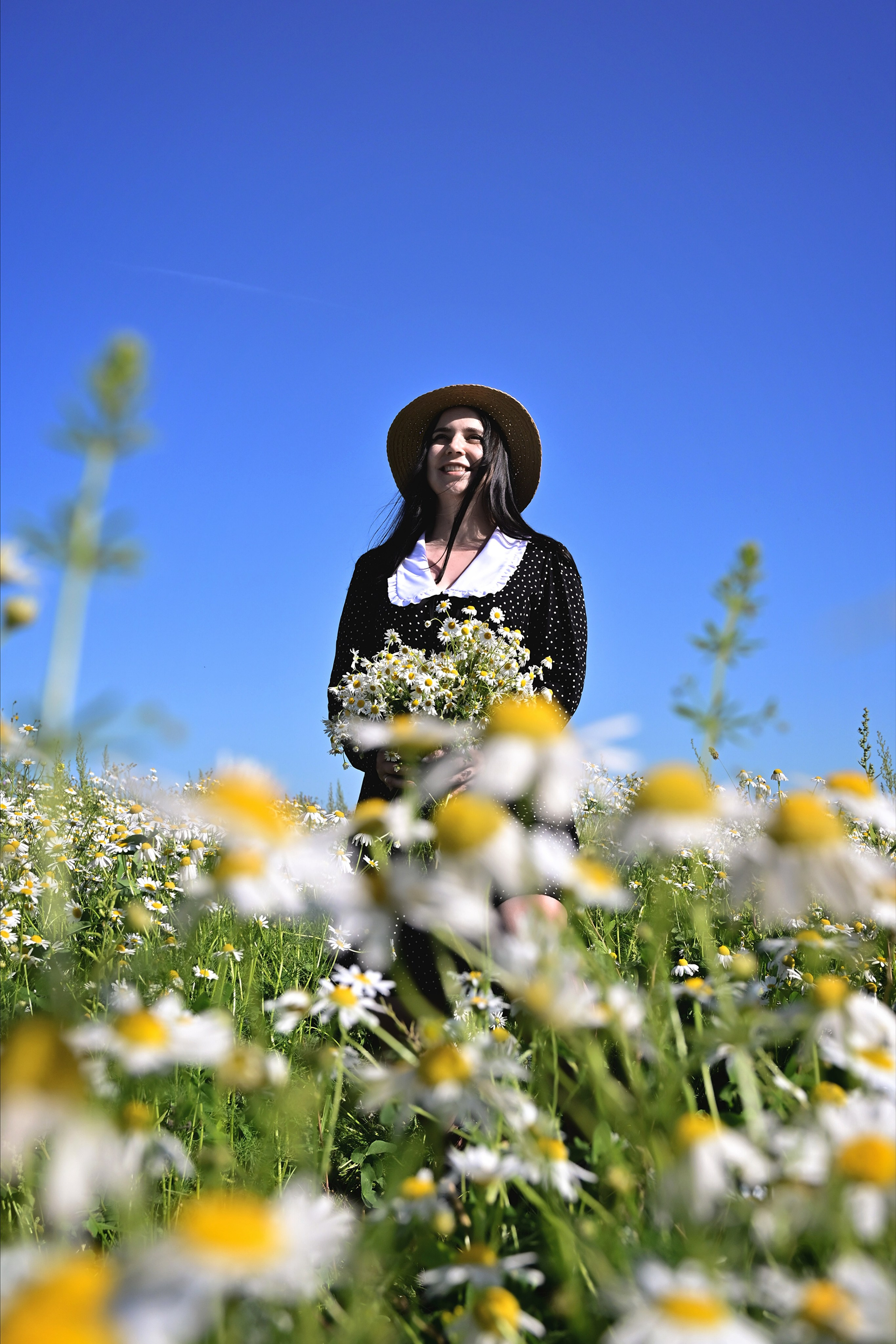 Девушка в шляпе в поле в шляпе с букетом ромашек