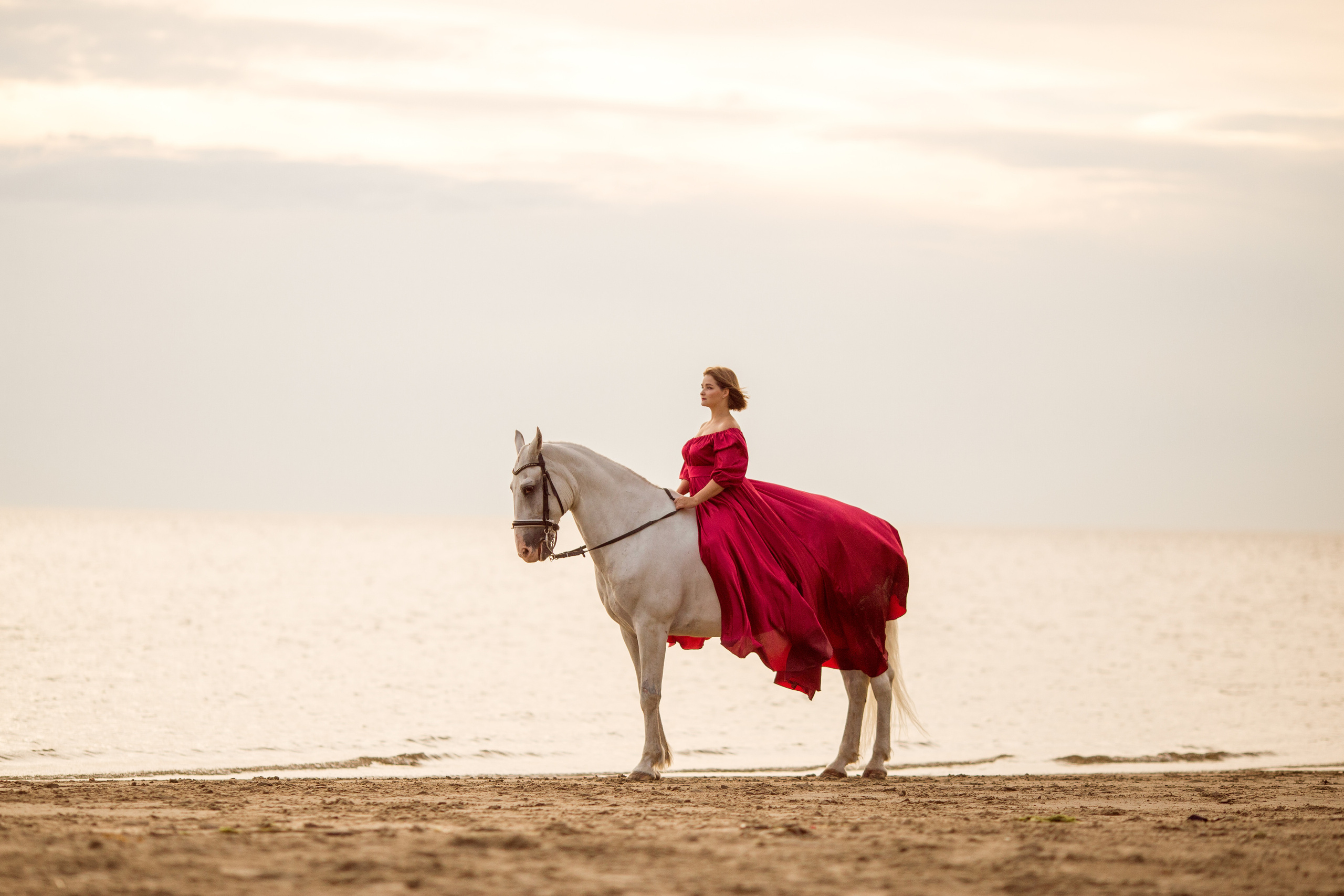 Фотосессия с конем в красном платье на море