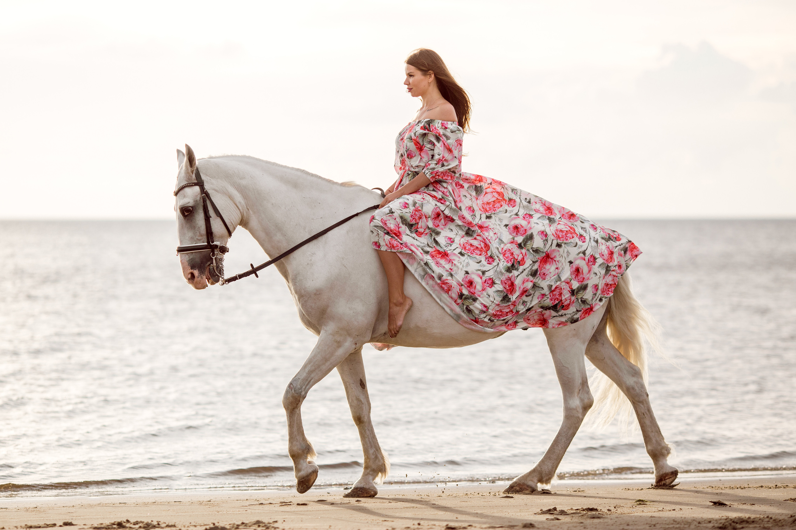 Фотосессия в цветном платье на море с конем