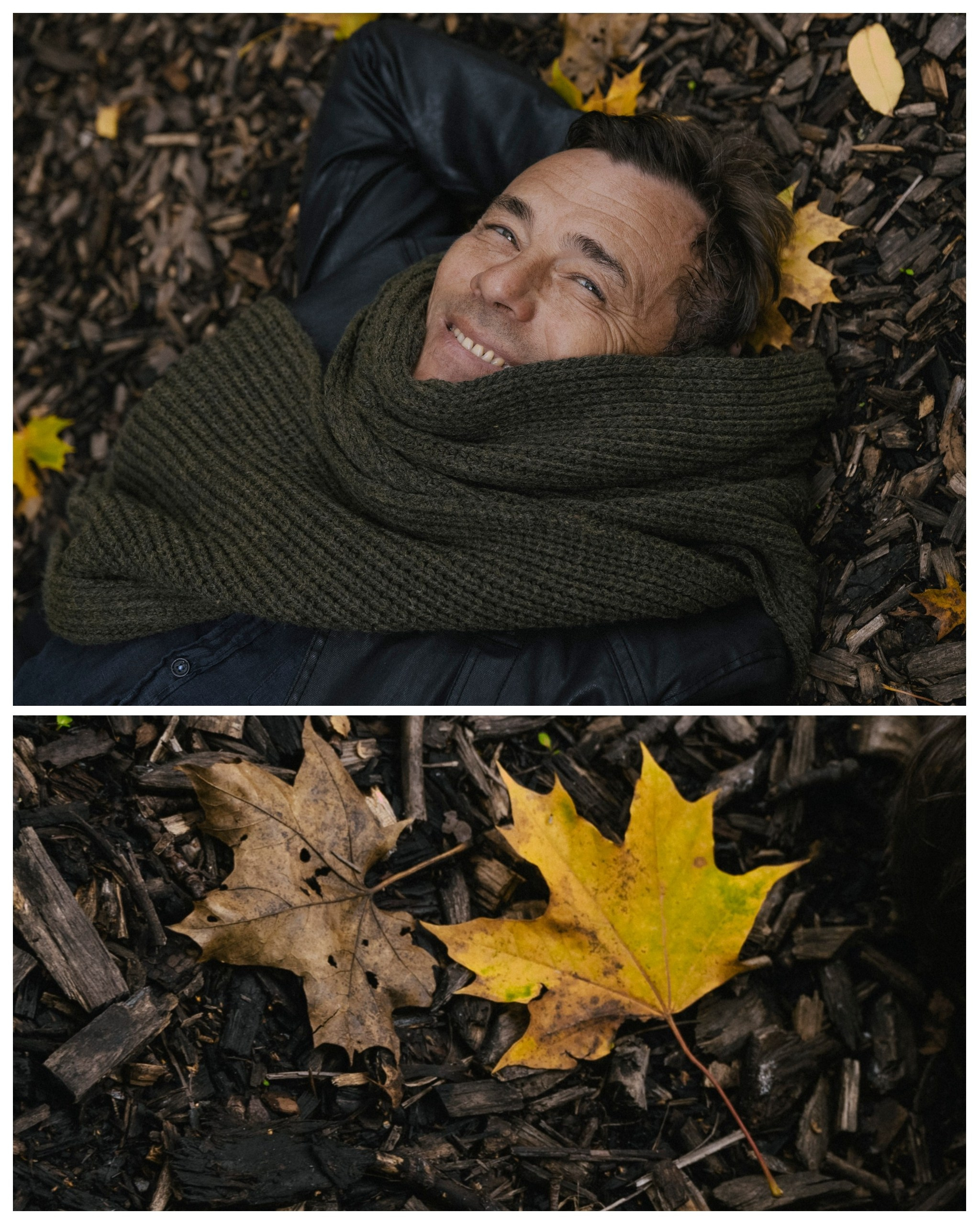 мужчина в шарфе лежит на земле, осенняя фотосессия для мужчины