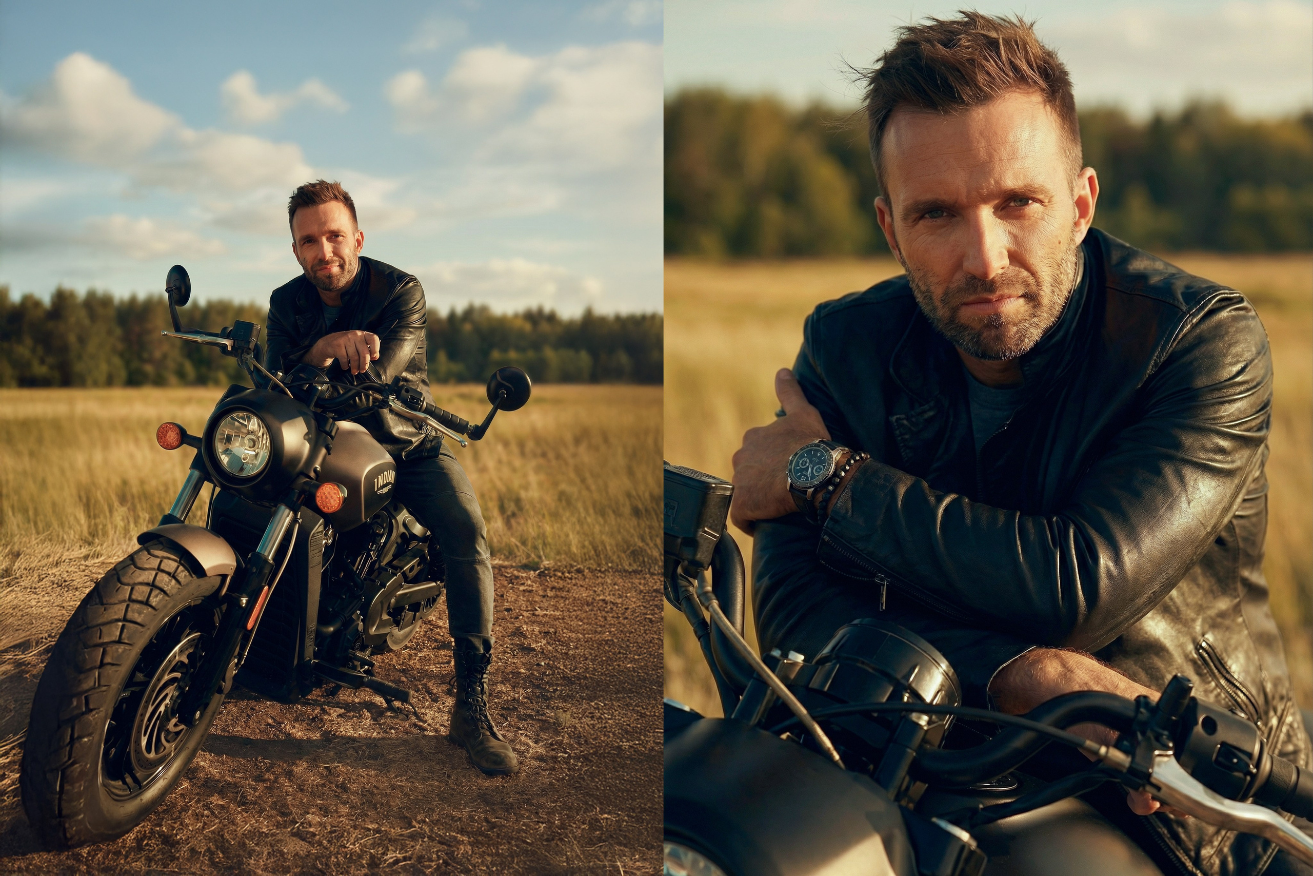 Два кадра мужчины в образе байкера на мотоцикле в поле.