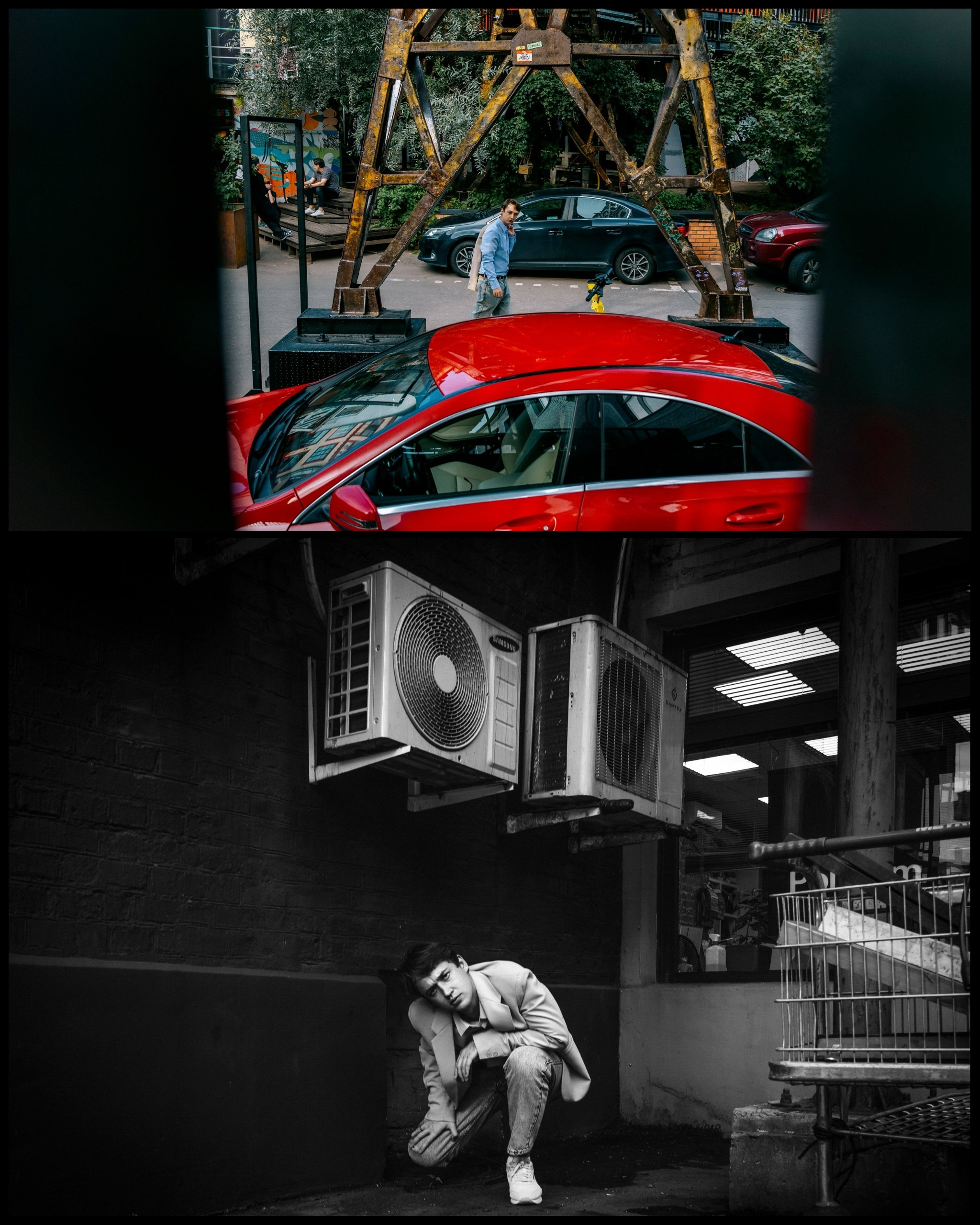 парень идет мимо проезжающих машин