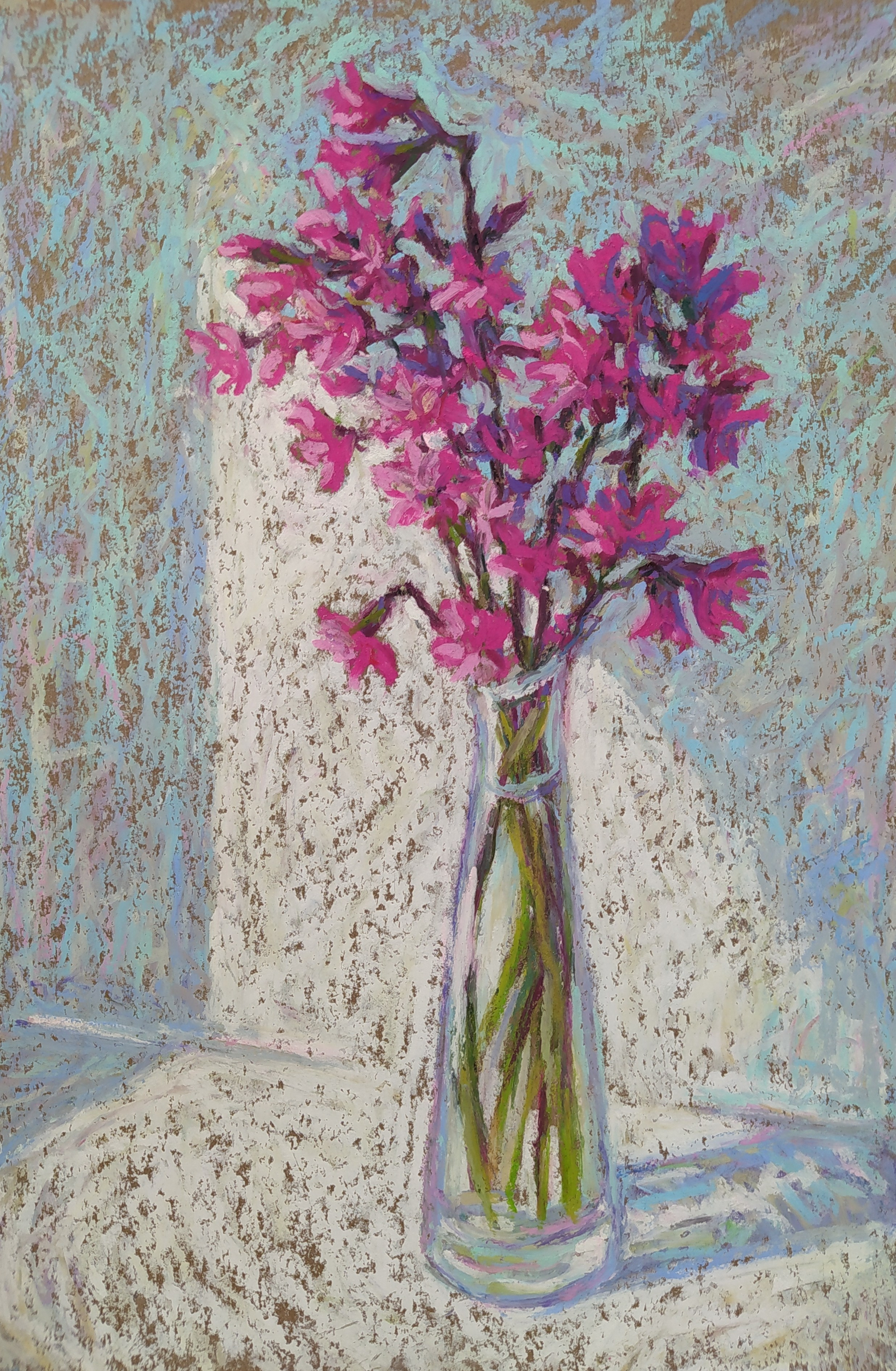 Рисунок масляной пастелью - Букет розовой вискарии в вазе 