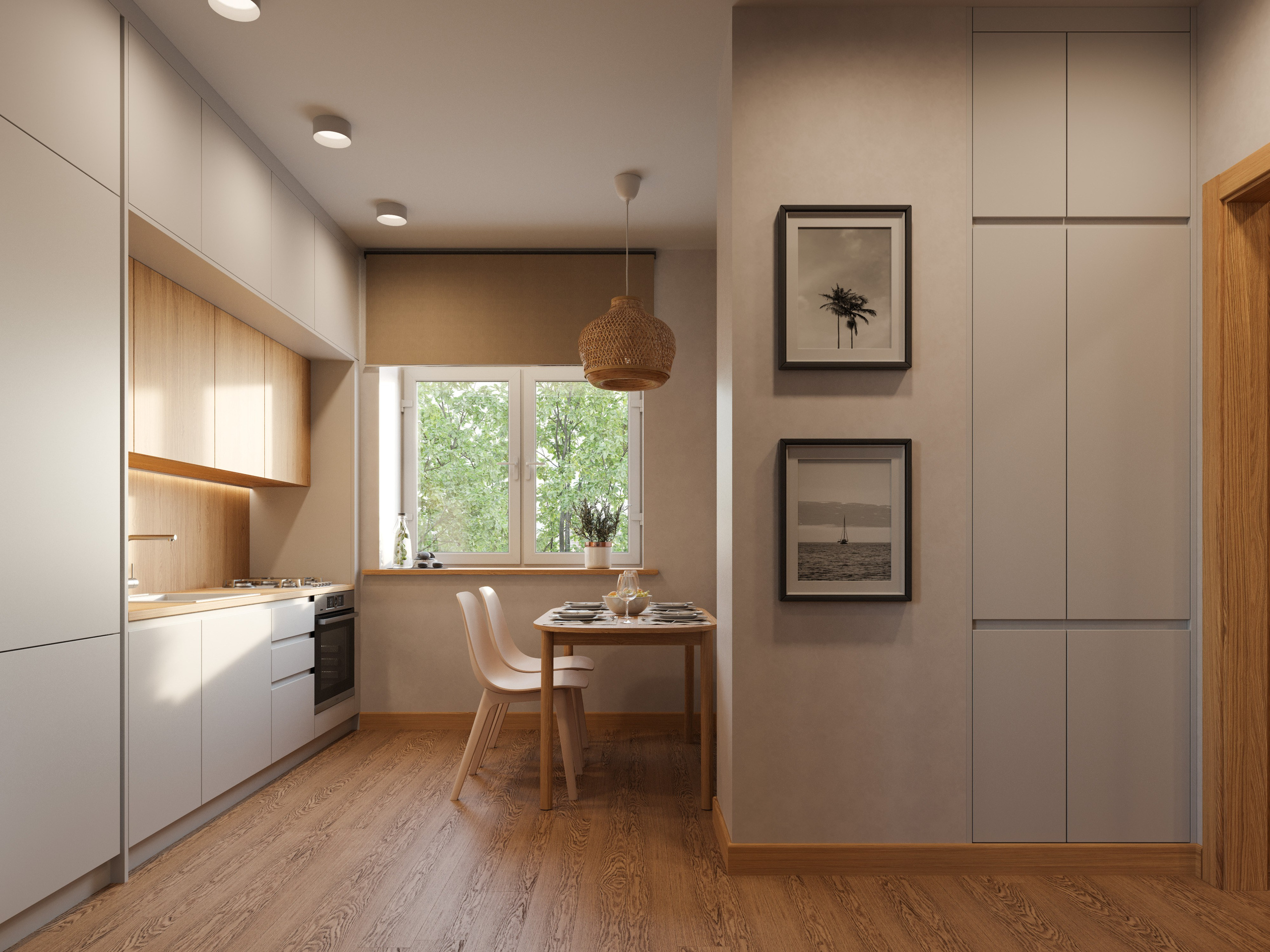 Современная кухня-столовая с фасадами и столешницей из дуба.