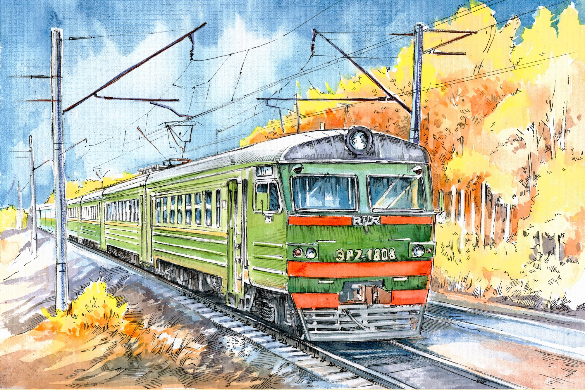 Пригородные поезда. Художник Александр Петрунин