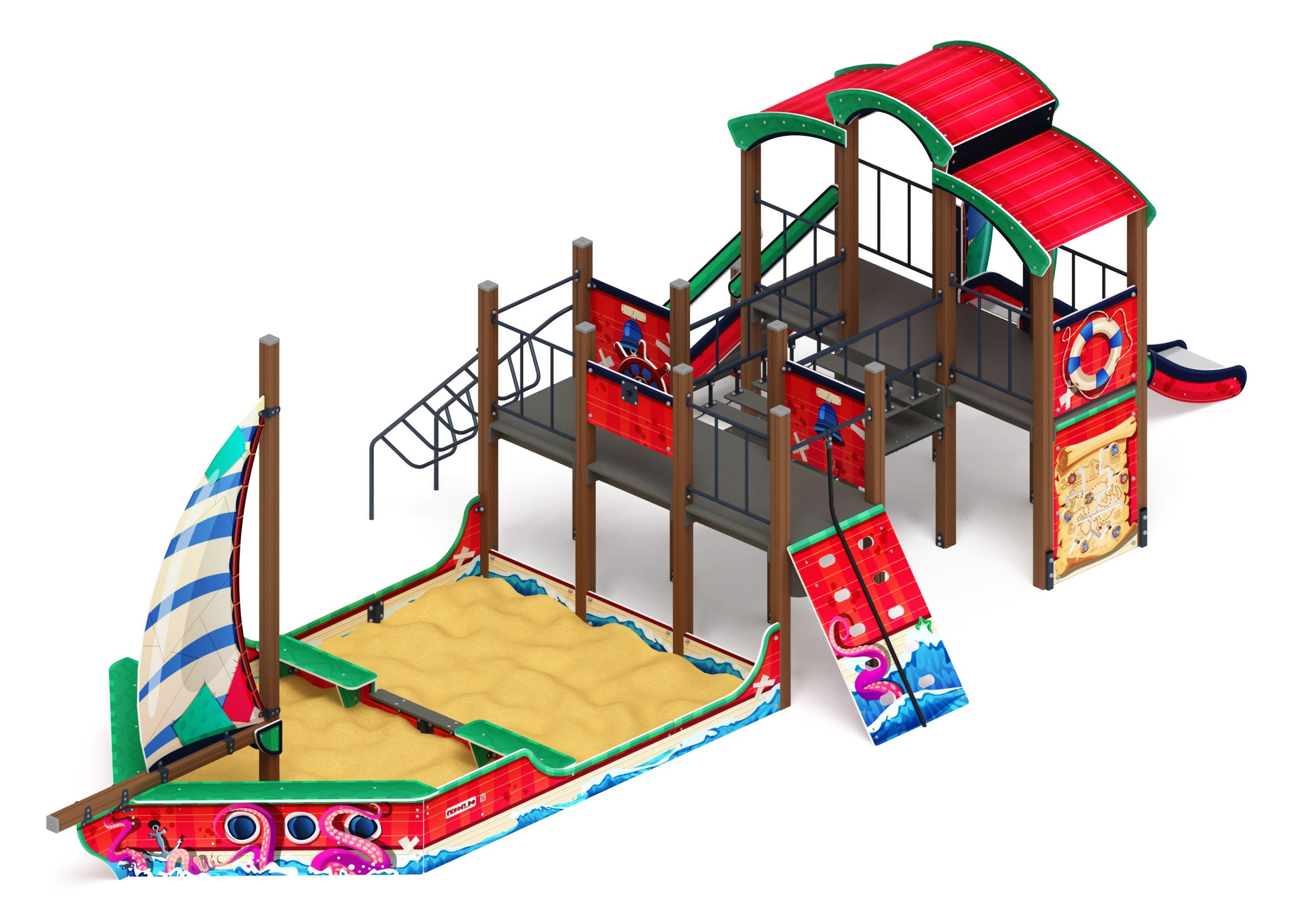 Парусник (Мульт) - ДИК 2.03.3.02-03 - Игровой комплекс Н=1200                                                                                              Габариты (ШхДхВ): 11045х4790х3500                                                                                                                                                                     Зона безопасности, мм: 14545х7790                                                                                                                                                                Скат горки: H=1200 (металлический скат)                                                                                                                                          Возрастные ограничения от 5 до 12 лет
