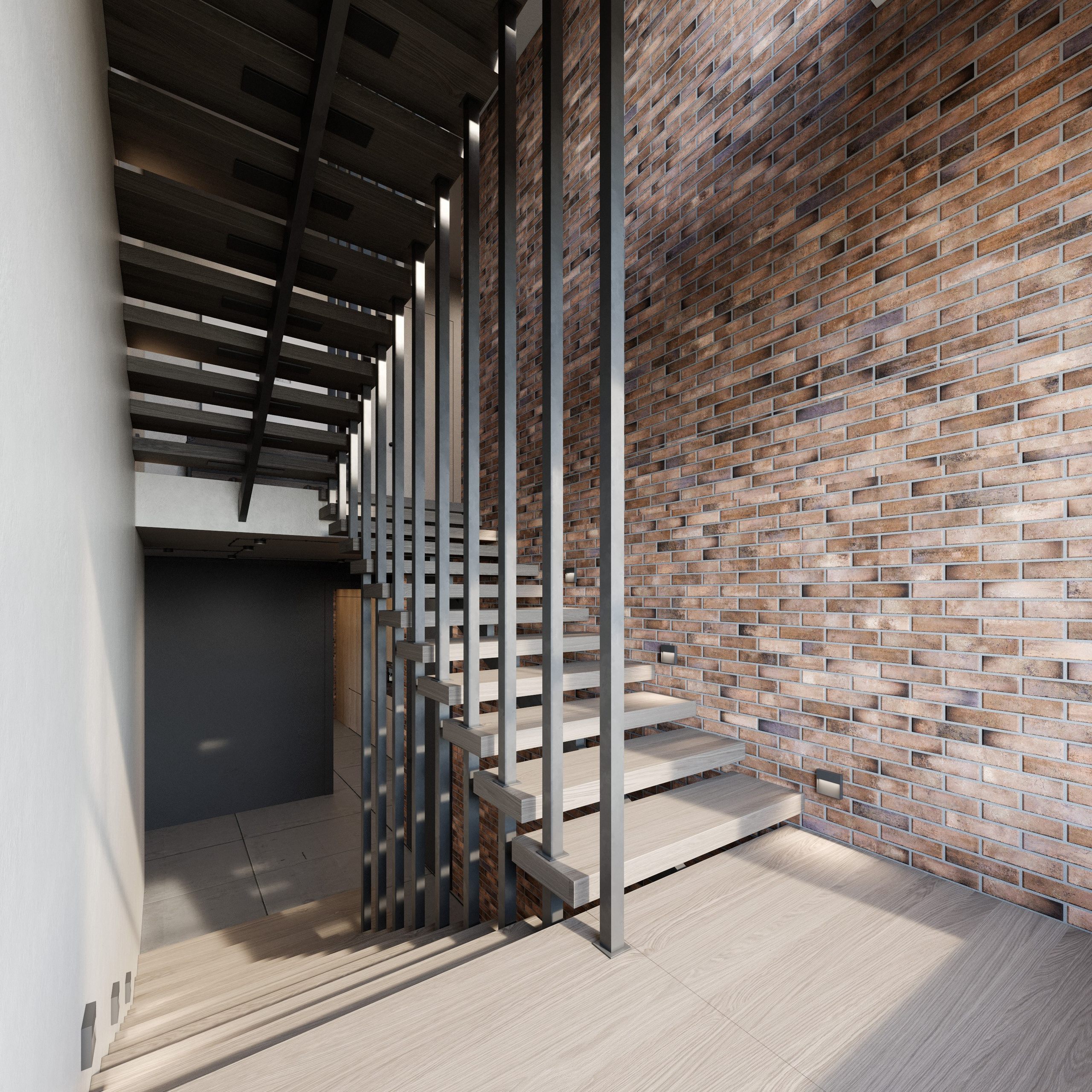 Ступени пронизывают вертикальные перемычки на визуализациях лестничного холла