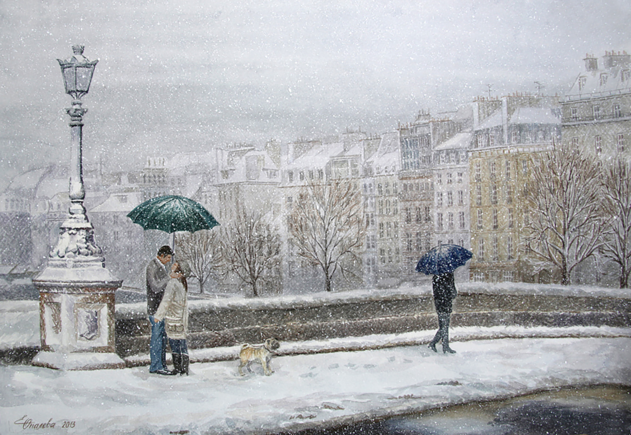 Влюбленные на мосту 60 х 42 бумага, акварель