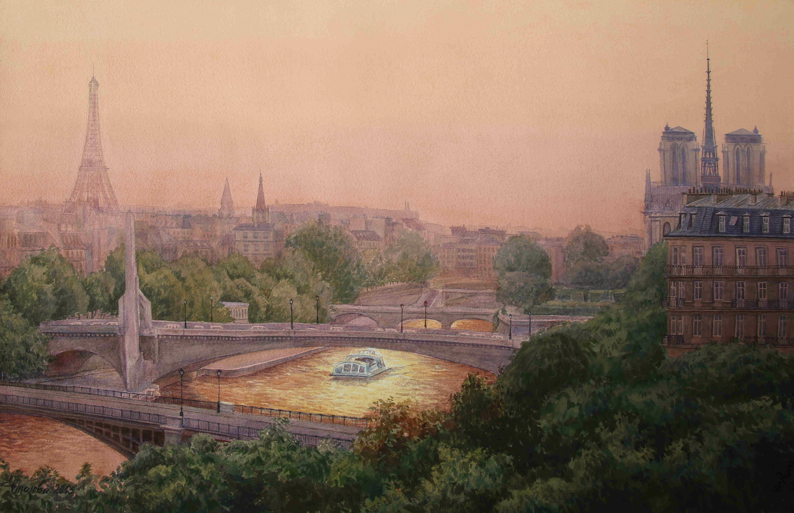 Закат на Сене 67 х 42 бумага, акварель